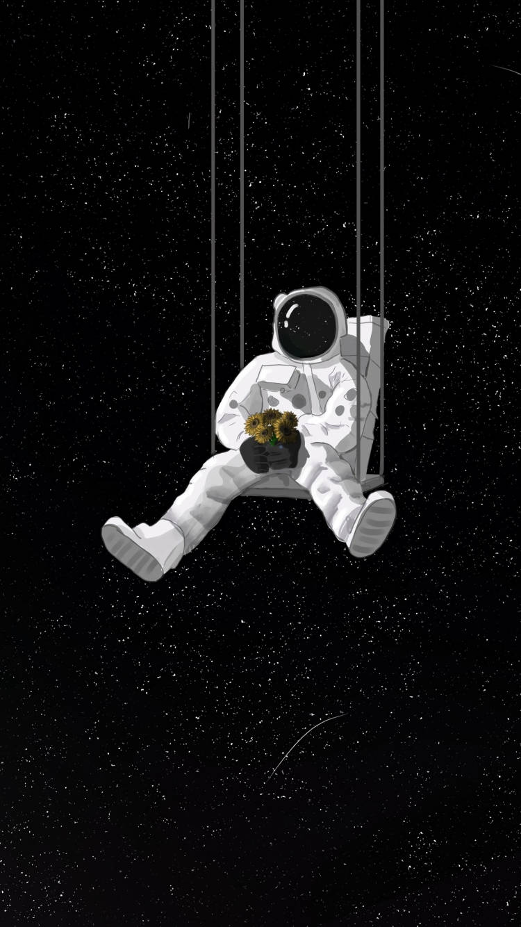 太空人在太空中的鞦韆上，手持一盆植物，背景是星空。