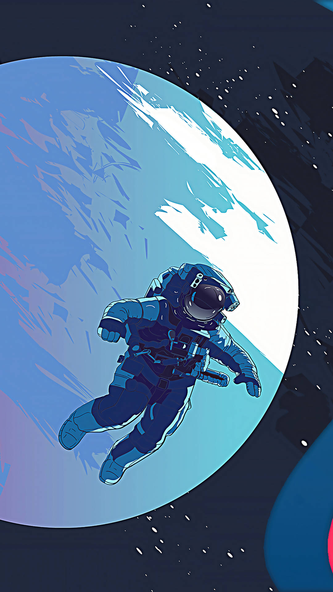 太空人在帶有白雲的藍色行星附近漂浮。
