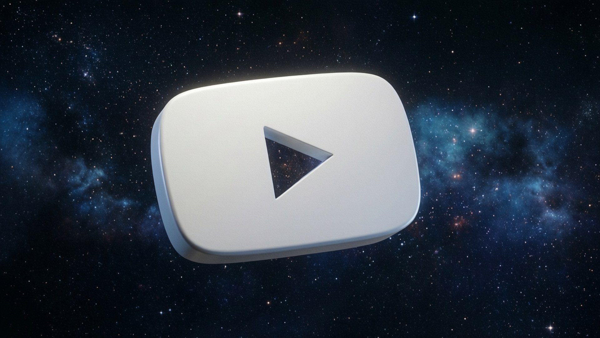 太空播放按鈕 壁紙 — 一個白色嘅YouTube播放按鈕圖示漂浮喺充滿星星同星雲嘅宇宙背景上。