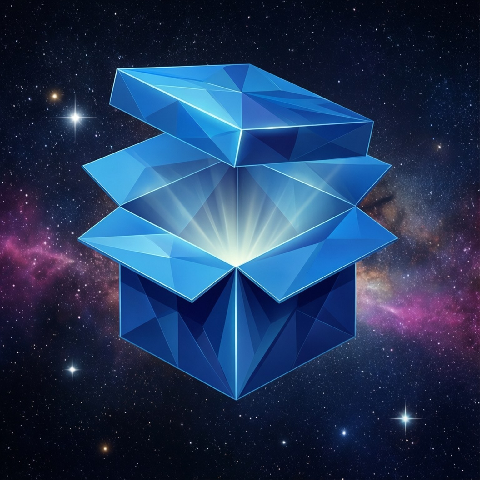 太空方盒 壁紙 — 一個發光的藍色幾何盒子在繁星點點的宇宙天空中敞開漂浮，從內部顯露出耀眼的光芒。