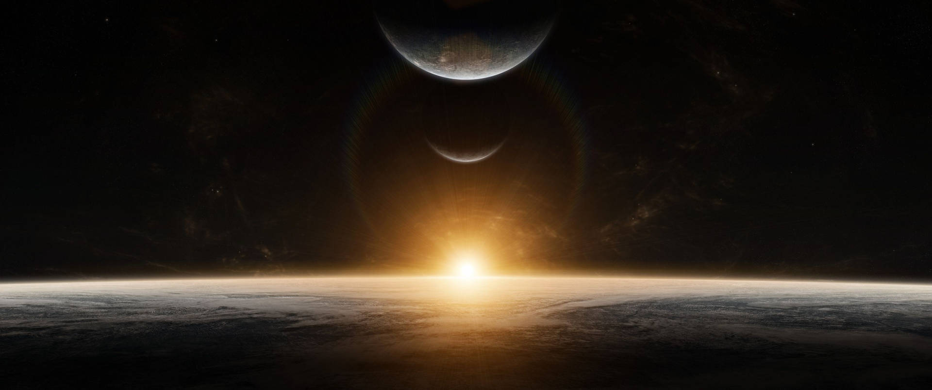在黑暗宇宙天空中，兩個衛星的外星行星上的日出