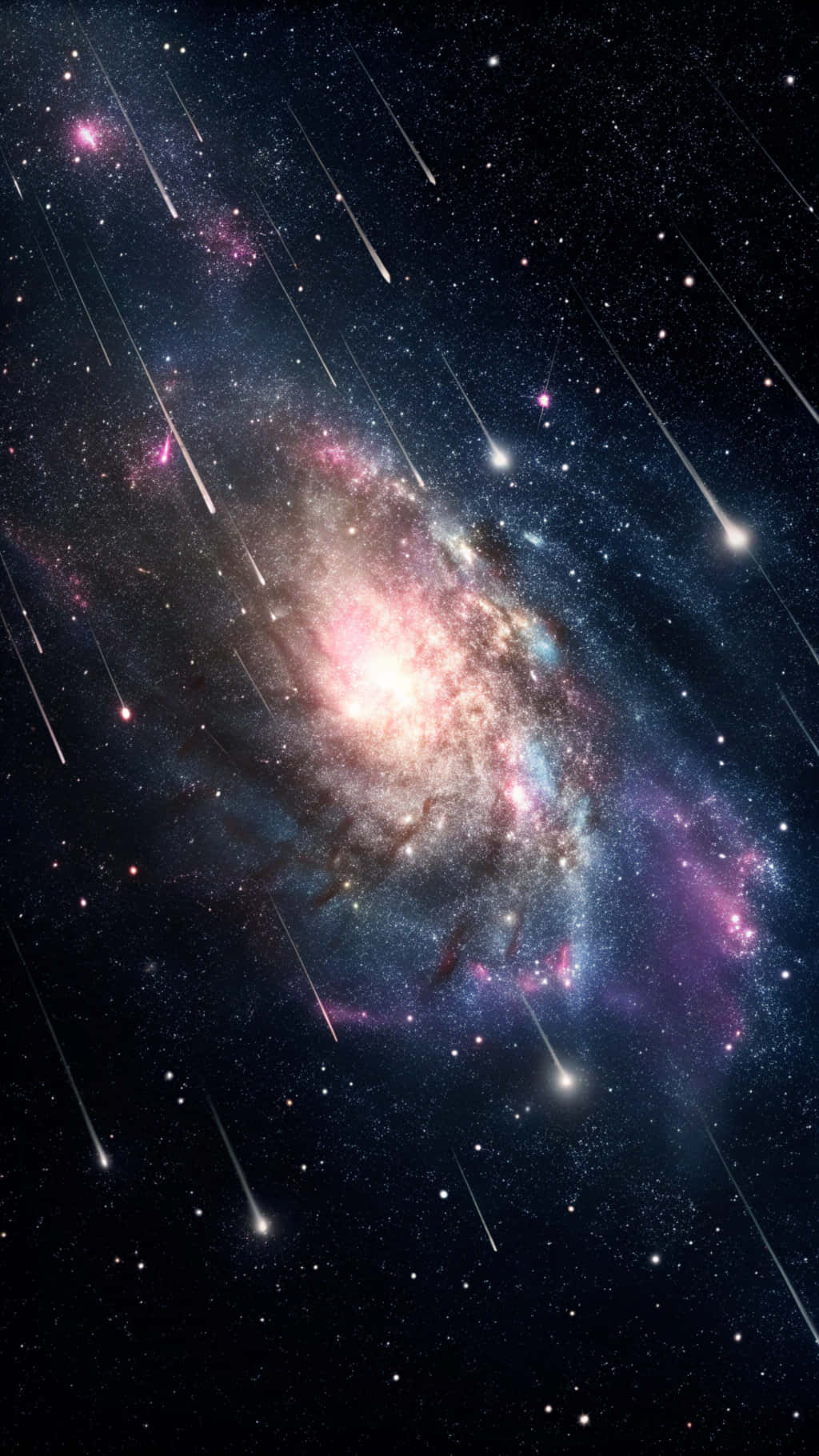 太空星系流星雨 壁紙 — 一個充滿活力的螺旋星系發出粉紅色和藍色的星雲光芒，流星劃過星場。