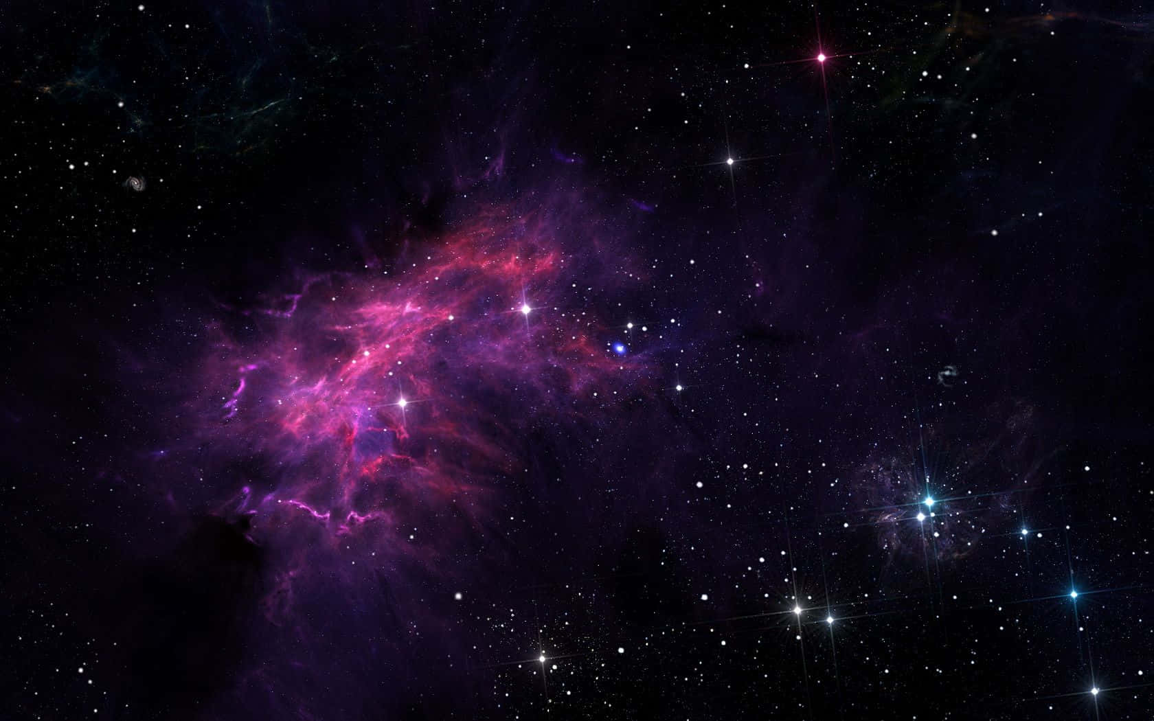 在深空中無數星星之間閃耀的充滿活力的粉紅和紫色星雲。