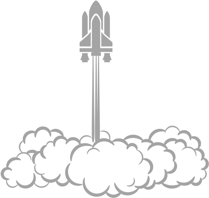 太空梭發射圖形 壁紙 — 一艘極簡灰色火箭從雲層底部向上發射，背景為純黑色。