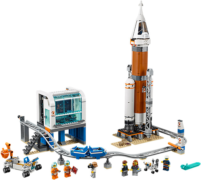 太空梭發射複合體模型 壁紙 — 一個詳細的LEGO太空發射套裝，包含高聳的火箭、控制中心和太空人迷你人偶，背景為黑色。
