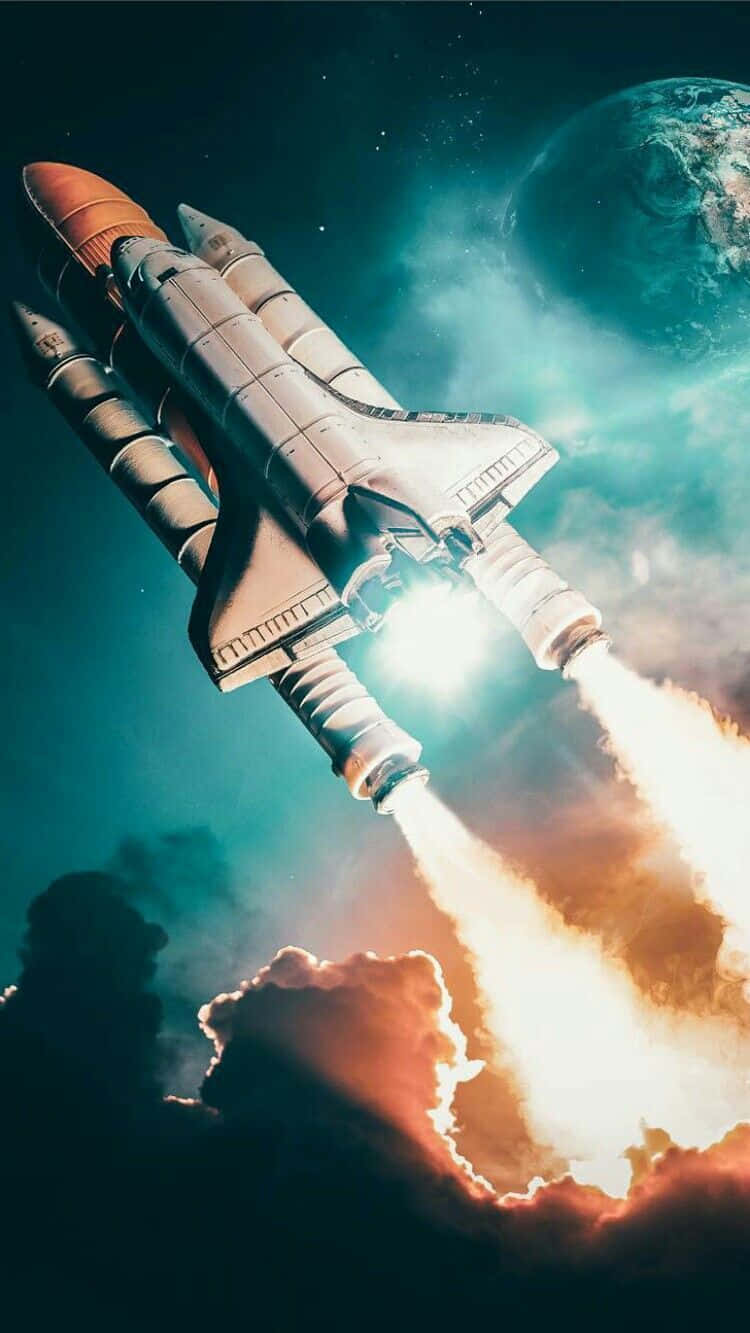 太空穿梭機以地球為背景升空。