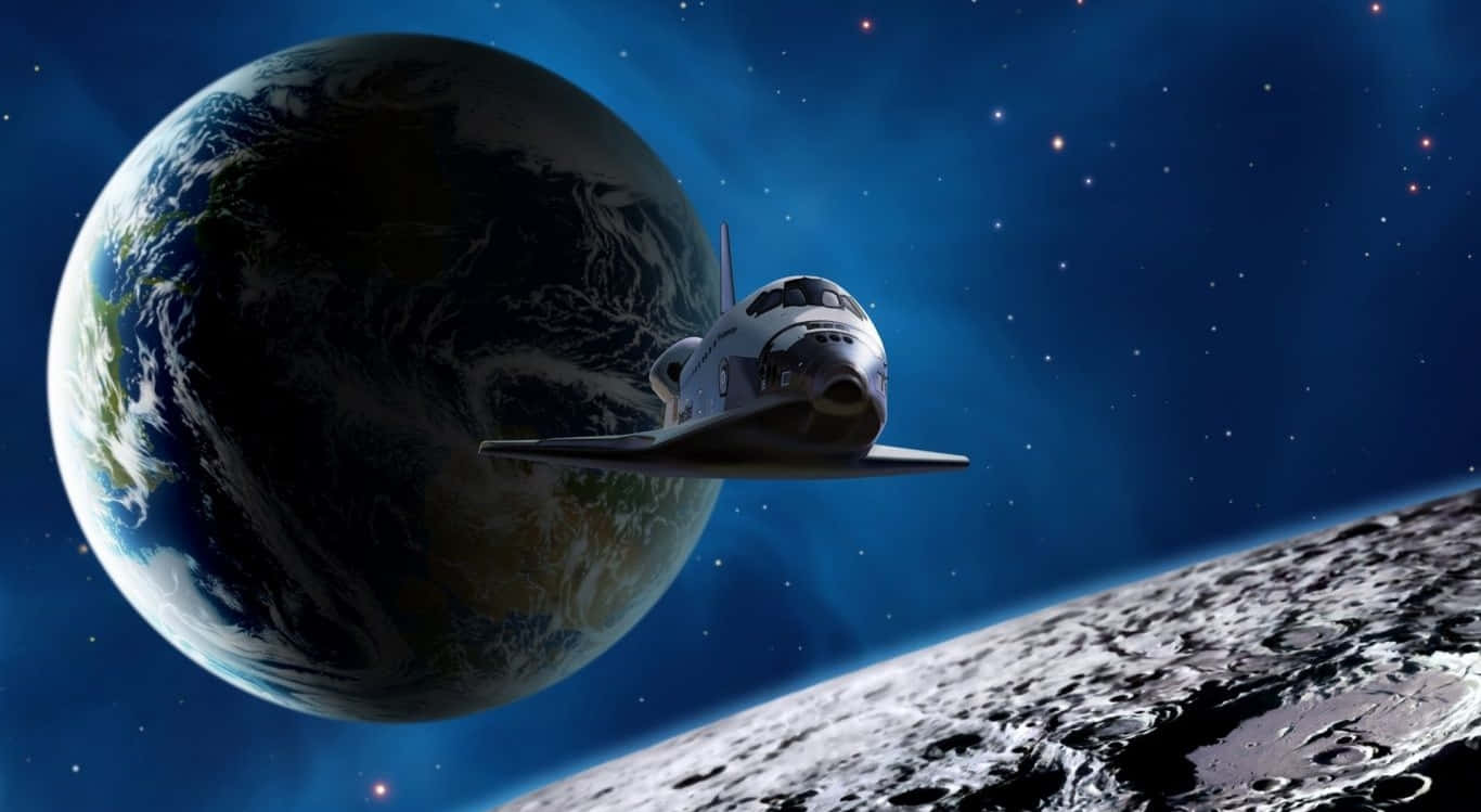 太空穿梭機在星空下繞地球運行，月球清晰可見。