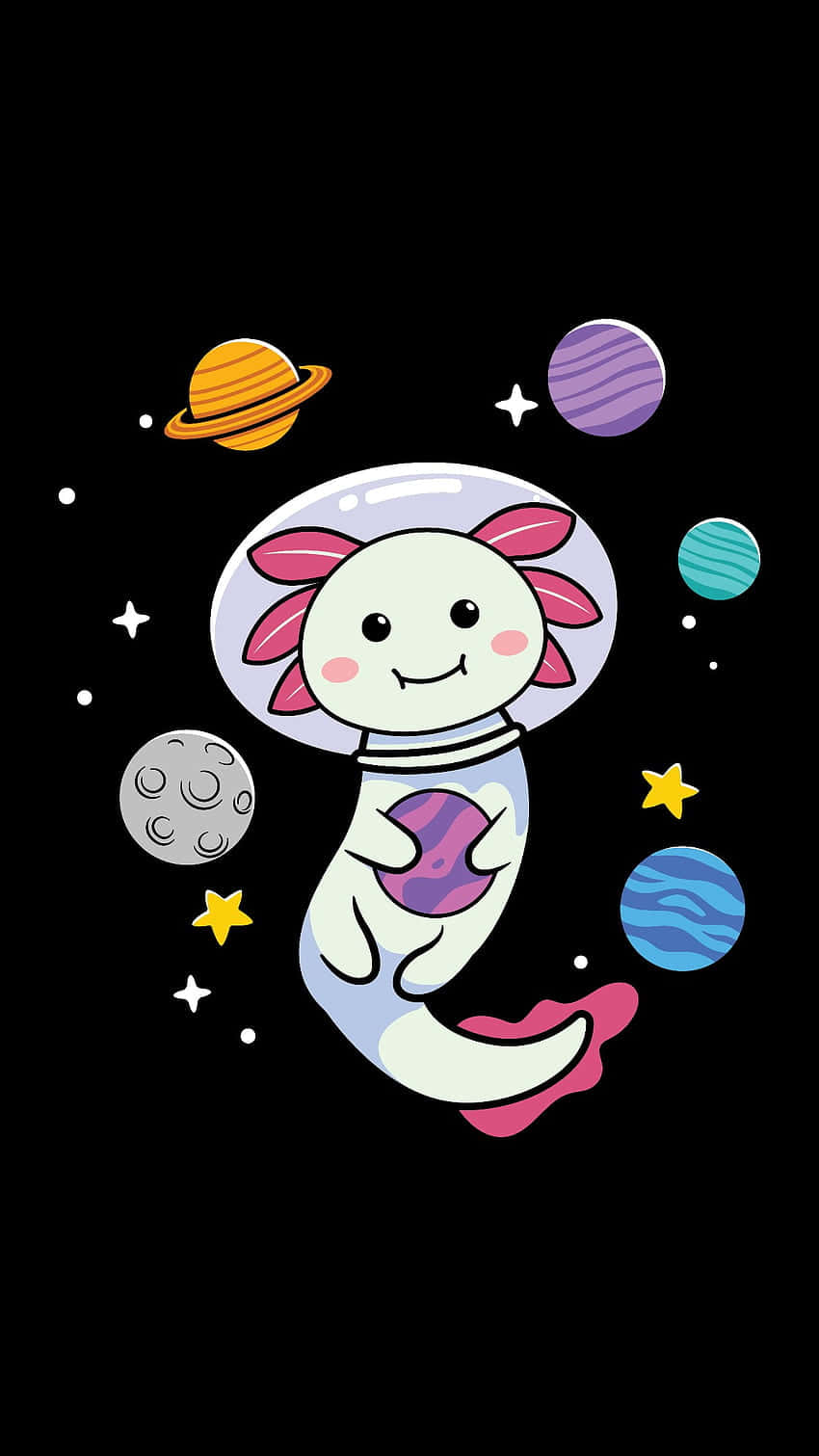 一隻微笑嘅蠑螈著住太空衣喺行星同星星之間漂浮。