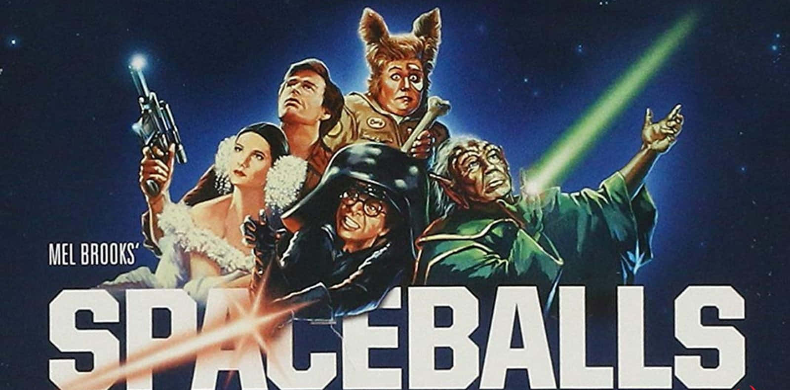 Spaceballs 電影海報，角色穿著太空裝備和雷射光束。