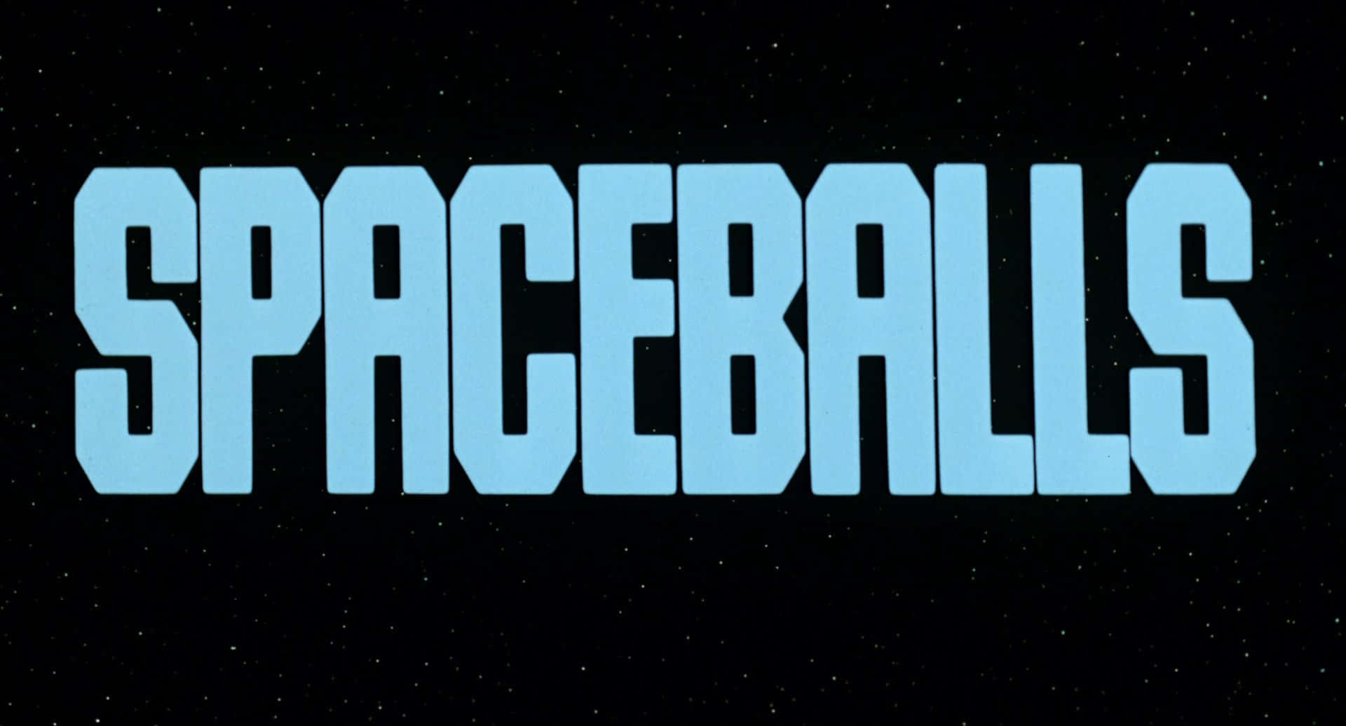 在繁星點點的太空背景上，藍色「Spaceballs」電影標題。