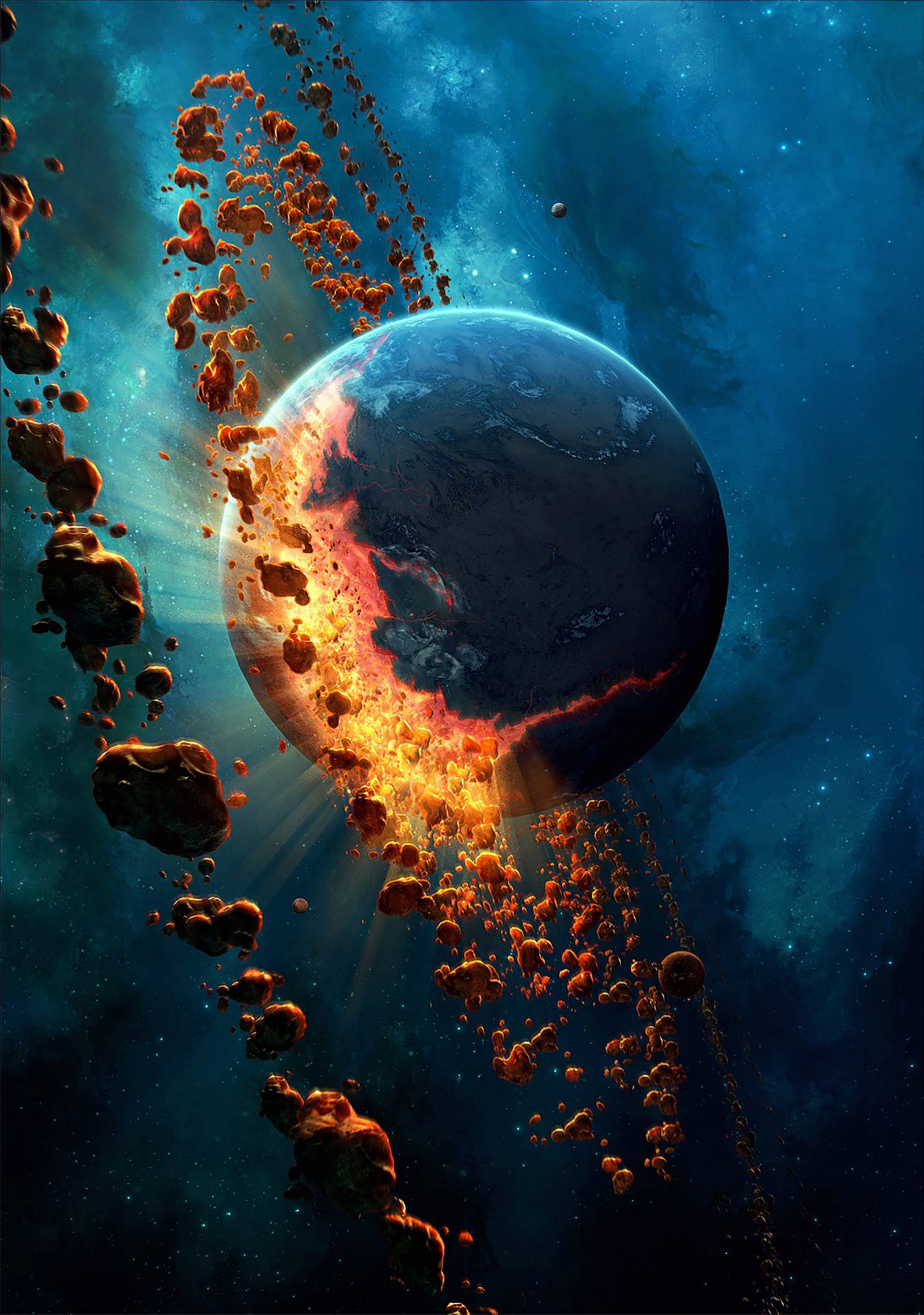 行星在深藍色太空中爆炸成橙色碎片，伴隨著星星。