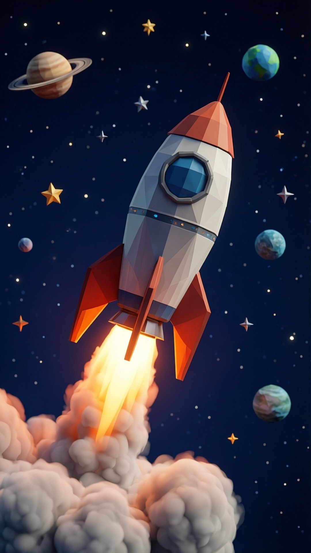 一枚風格化的火箭發射到太空，背景有行星和星星。