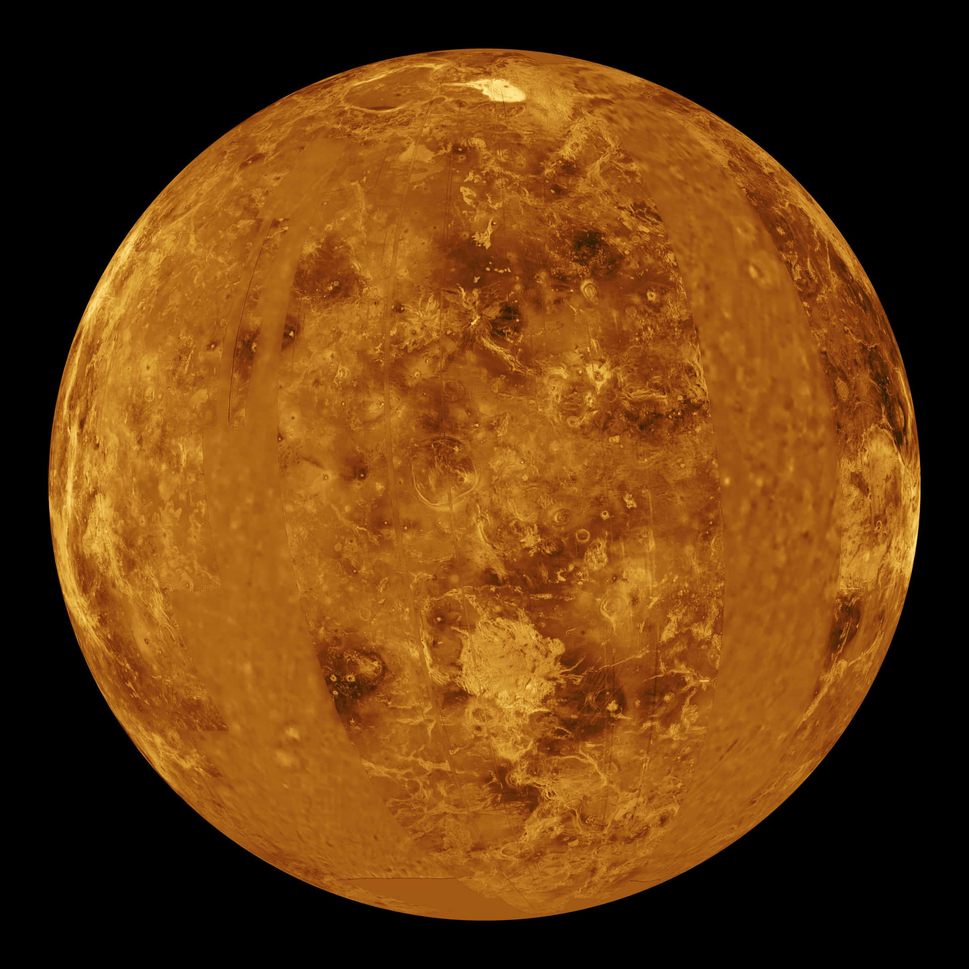 金星行星，表面金色，太空中有黑暗隕石坑