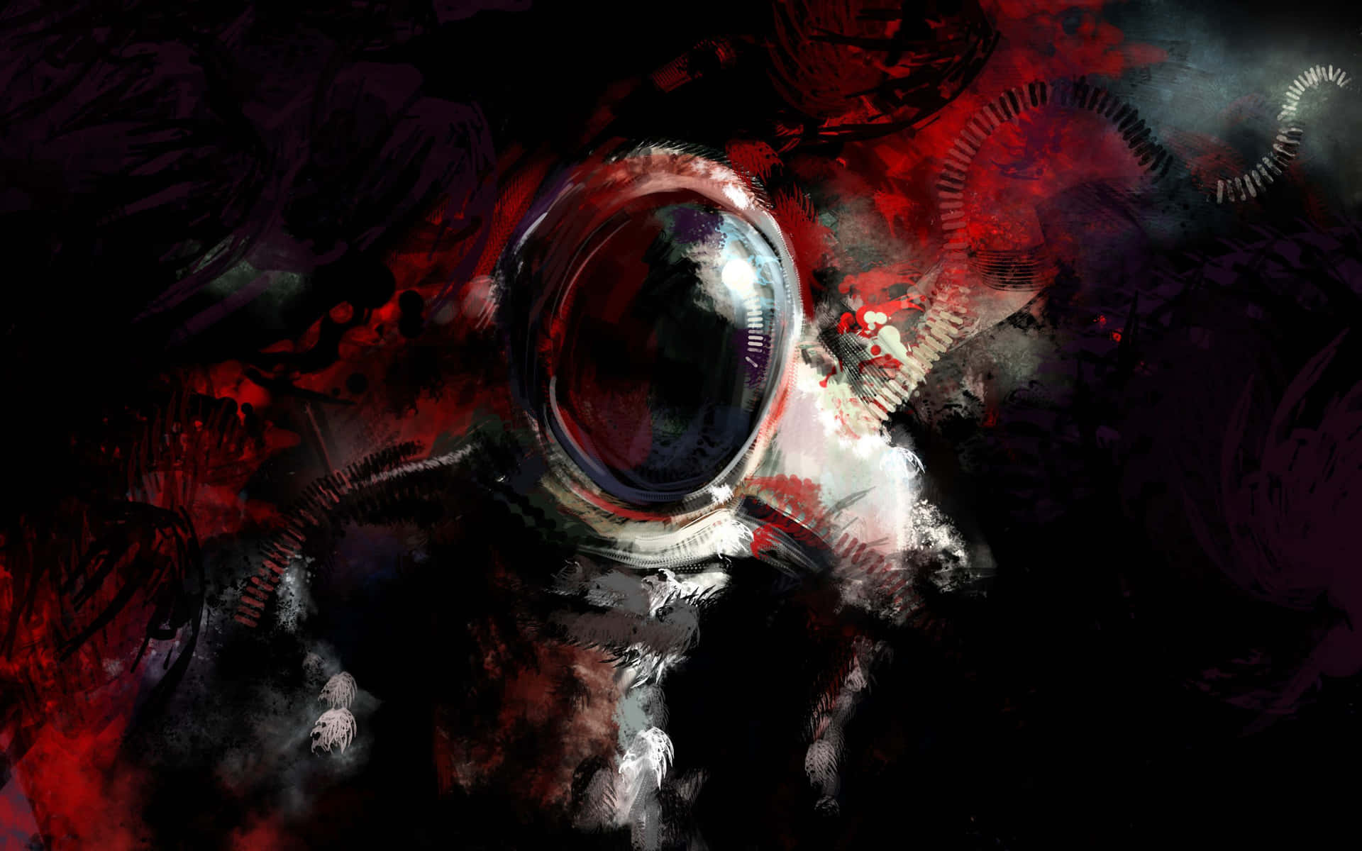 數位藝術中，太空人頭盔被宇宙的紅色和黑色漩渦包圍。