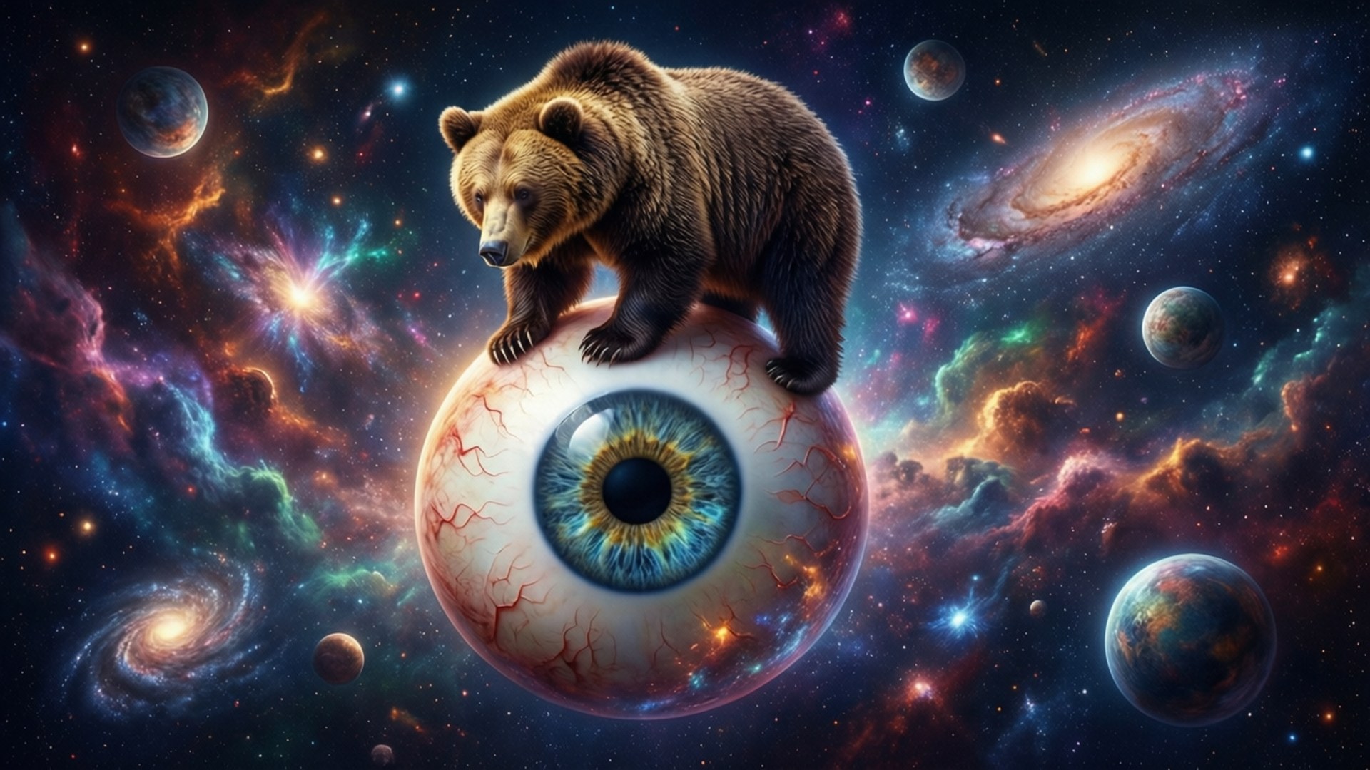 太空眼球熊 壁紙 — 一隻棕熊站在一個漂浮在充滿星系和行星的充滿活力的宇宙場景中的巨大眼球上。