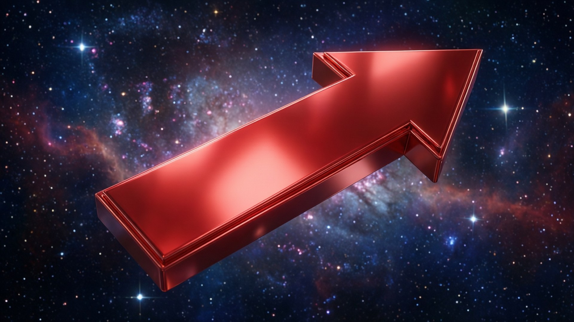 在繁星銀河中向上指的閃亮紅色3D箭頭