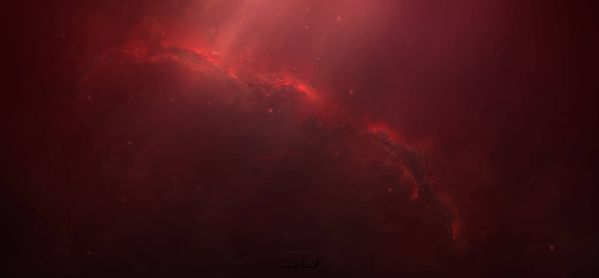 深空中散佈著星星的發光紅色星雲。