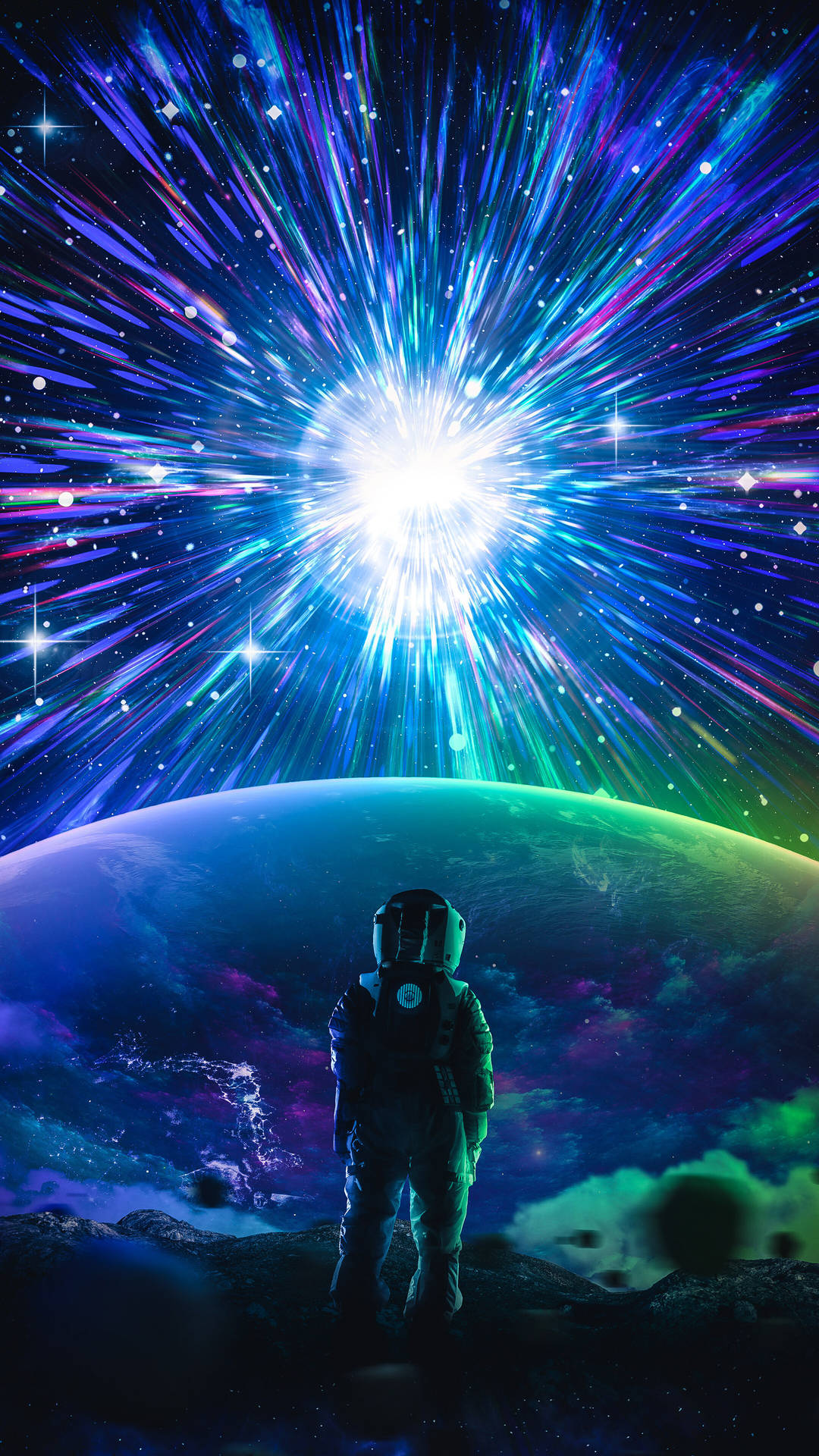 太空人在外星行星上觀看宇宙爆炸