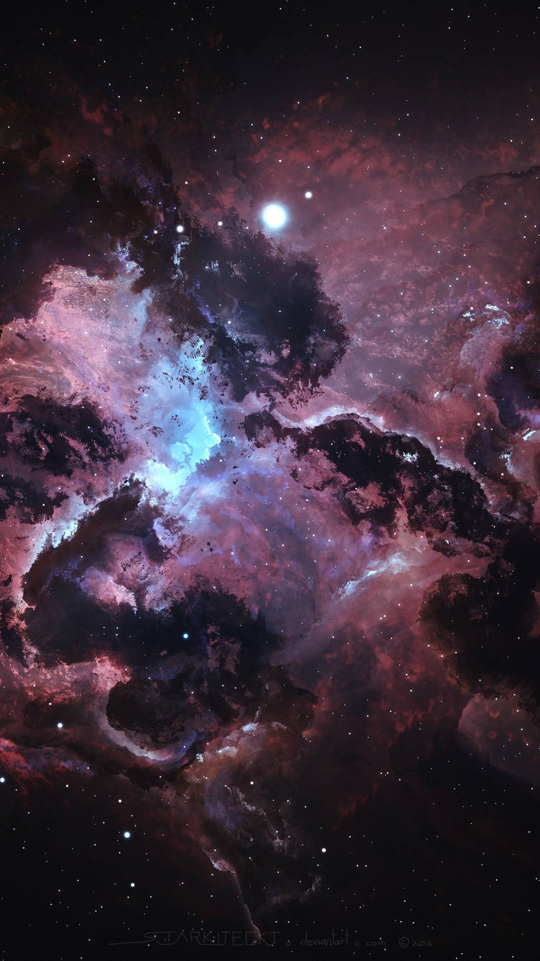 鮮豔的宇宙星雲，有旋轉的洋紅色和藍色雲朵，被明亮的中心星照亮。