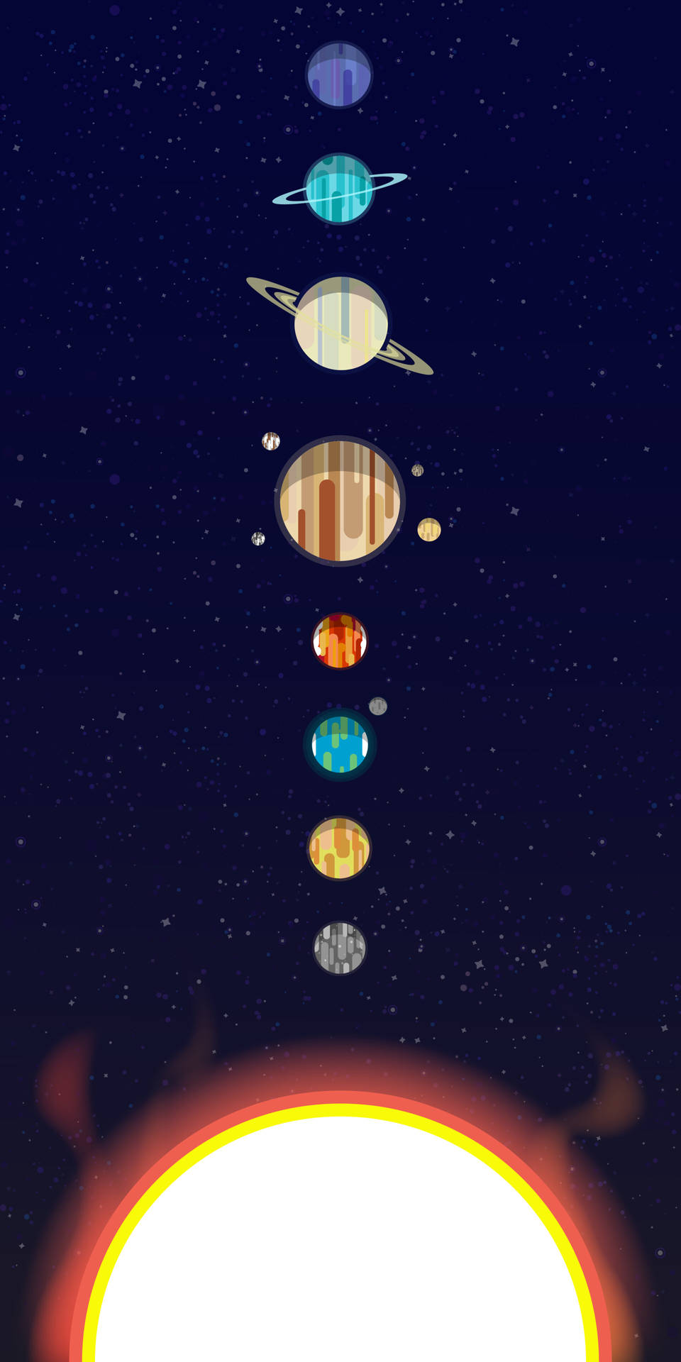 垂直太陽系，行星和星星襯托著發光的太陽。