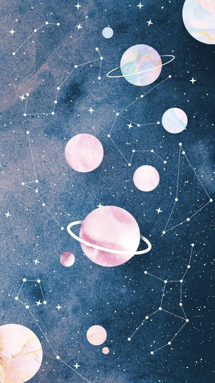 水彩宇宙場景中的粉彩行星和星座。