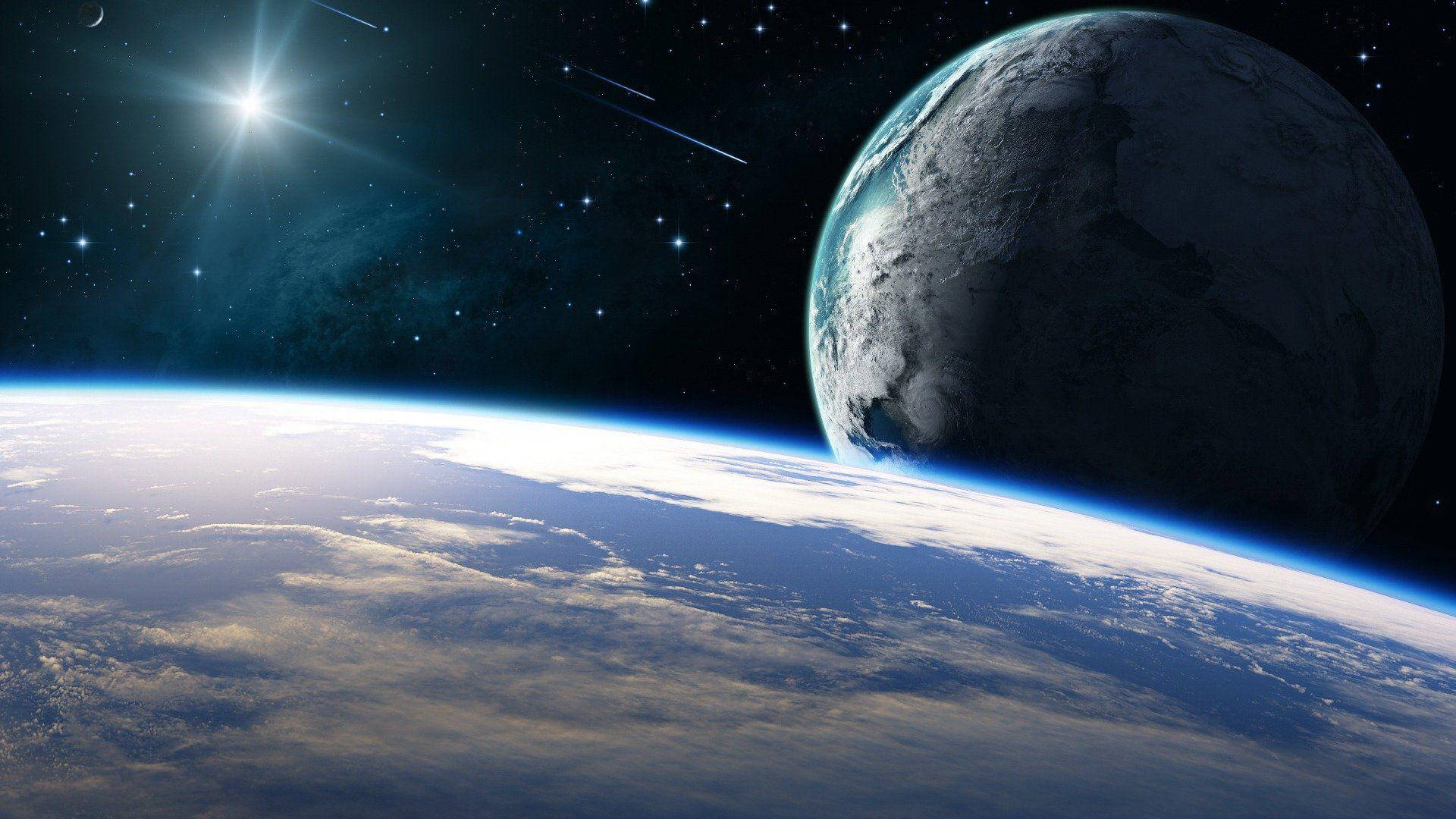 地球和另一顆行星在太空中，伴隨著明亮的星爆太陽。