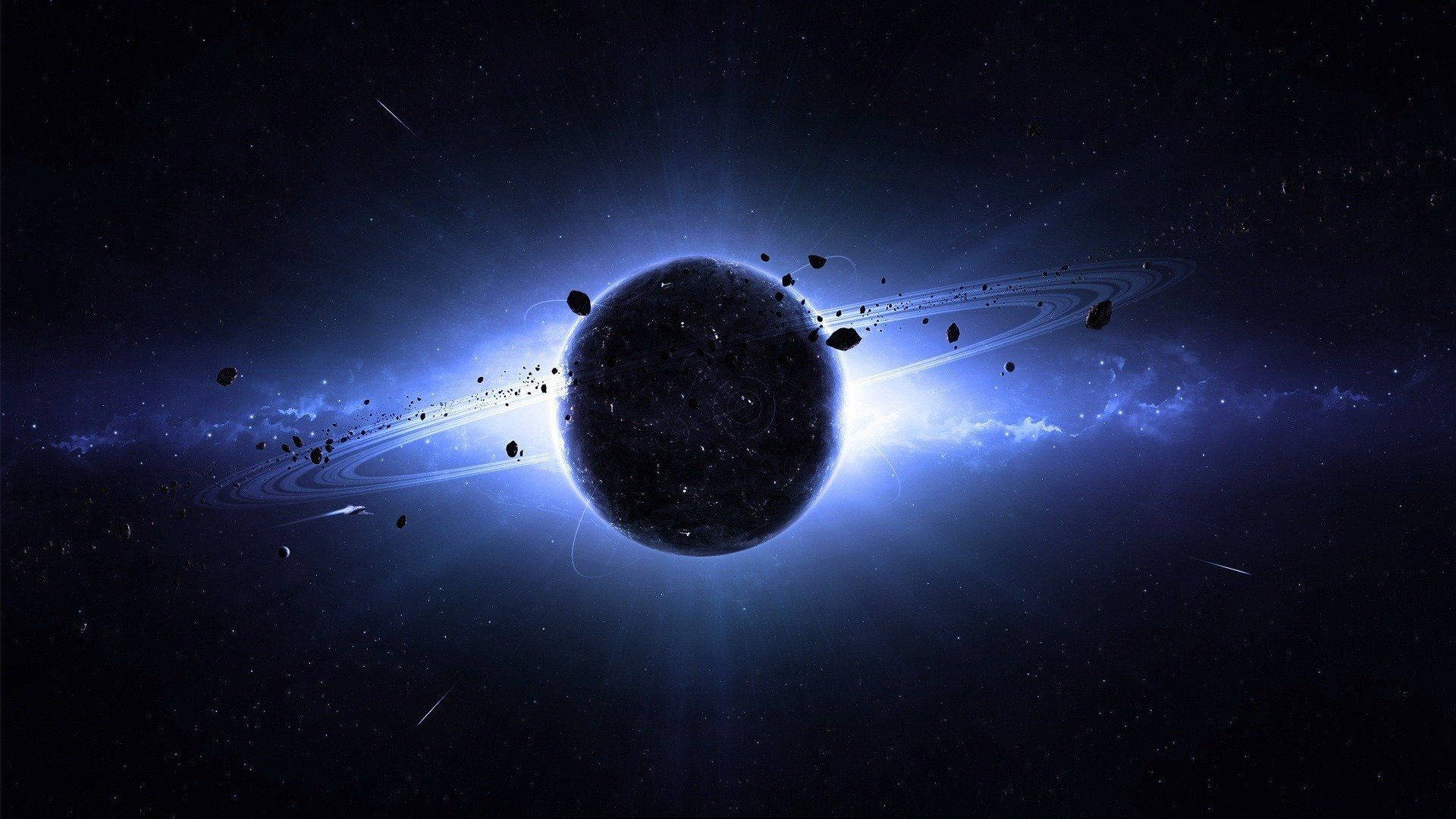 一顆黑暗行星，帶有發光的藍色光環和漂浮的小行星，在深空中。