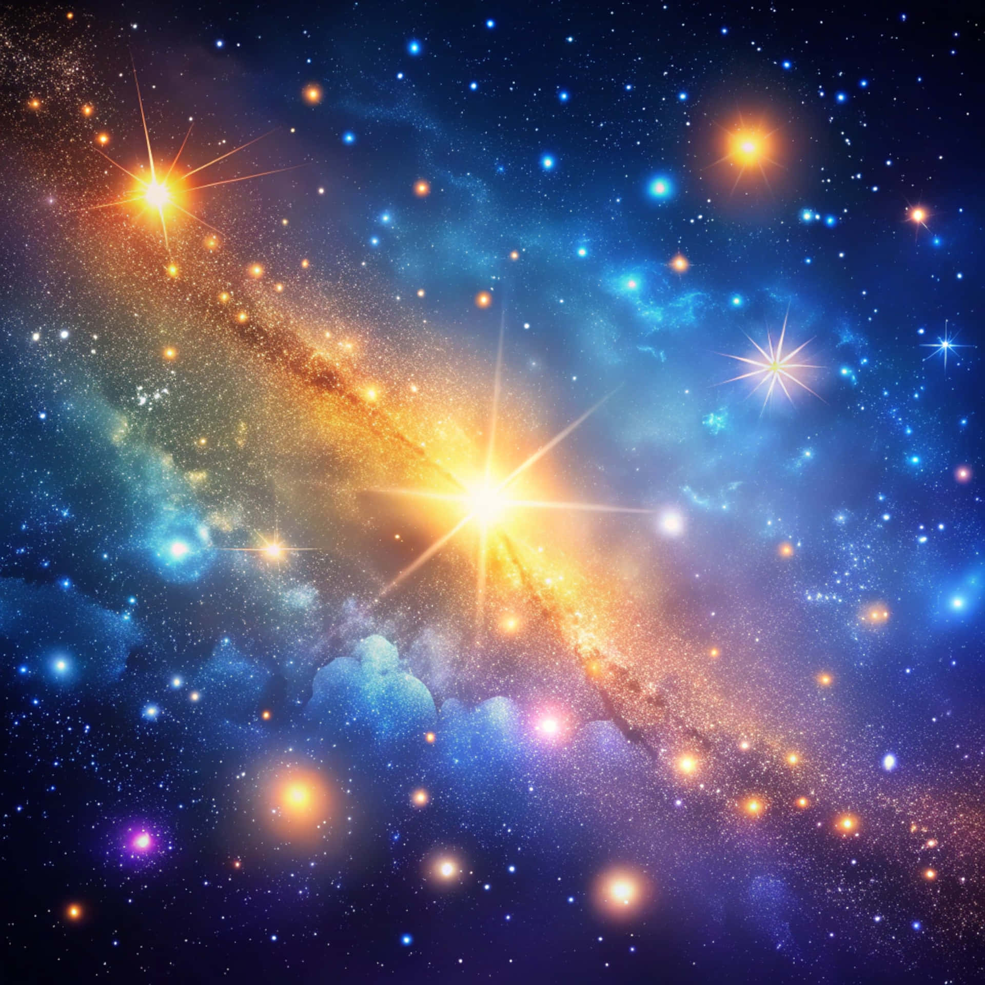 充滿活力的宇宙場景，有發光的星星和旋轉的星雲，呈現深藍、紫色和金色色調
