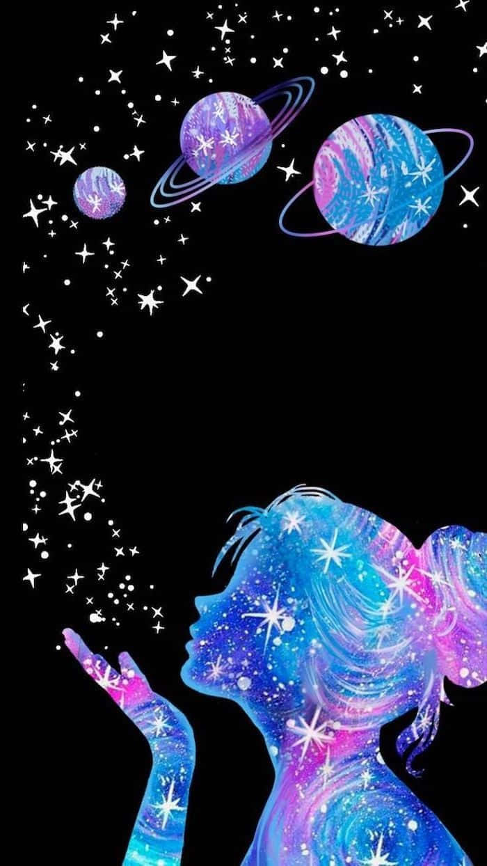 少女將星星和星系吹向太空，附近有行星漂浮。