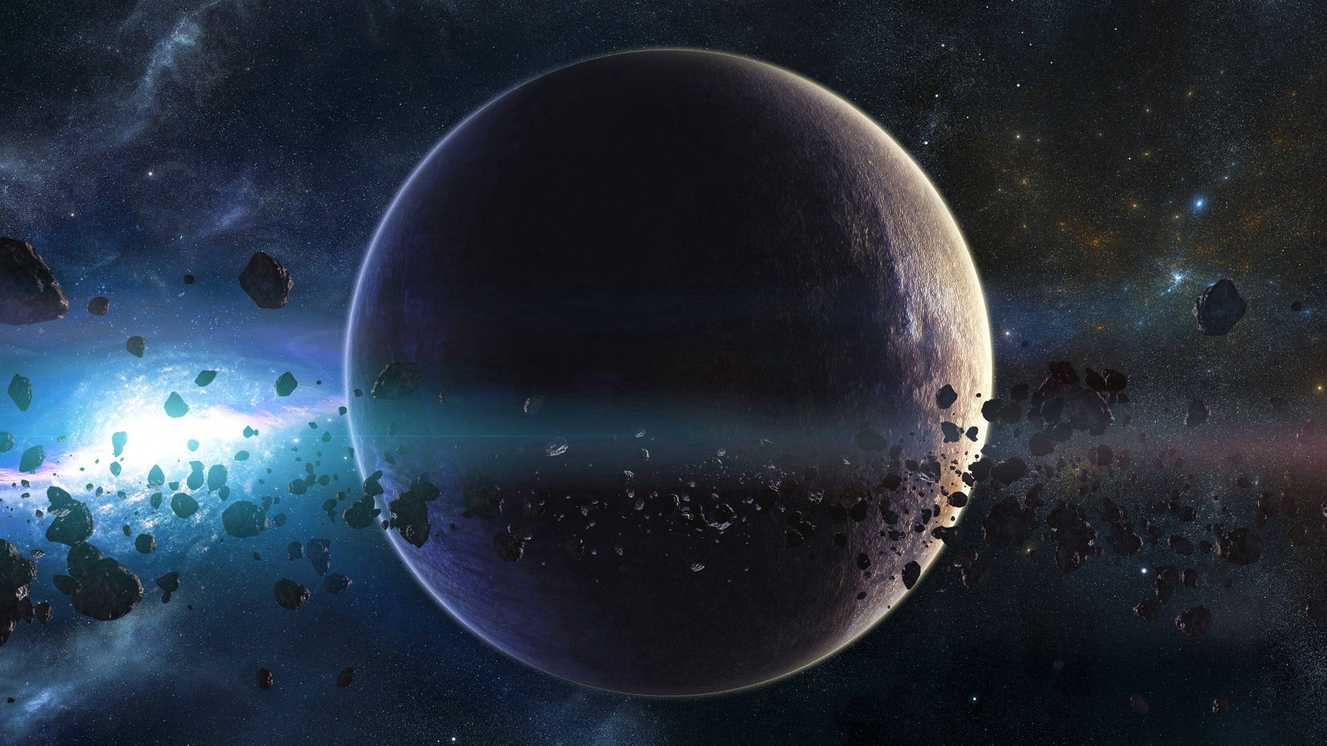 一顆巨大的黑暗行星被漂浮的小行星和發光的星雲包圍在太空中。