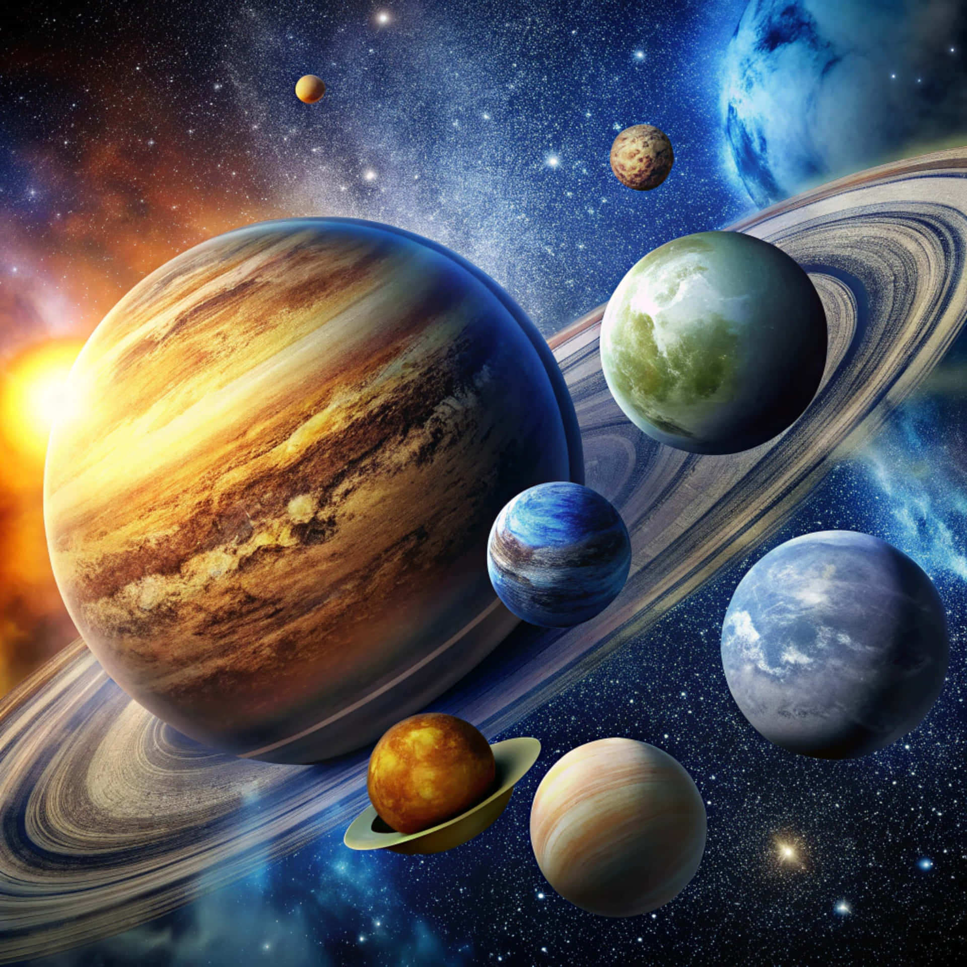 一個色彩繽紛的行星集合，包括木星、土星和地球，漂浮在星空宇宙背景中。
