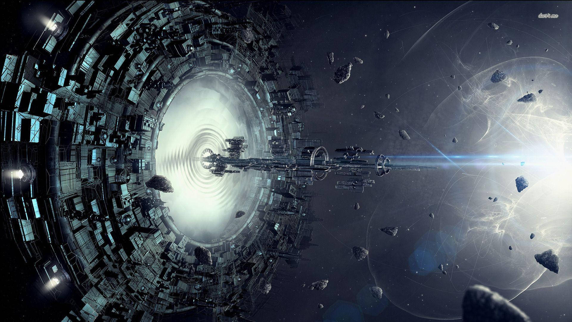 太空船穿越 portals 壁紙 — 一個巨大的未來太空站圍繞著一個發光的蟲洞運行，周圍漂浮著小行星和宇宙光束。