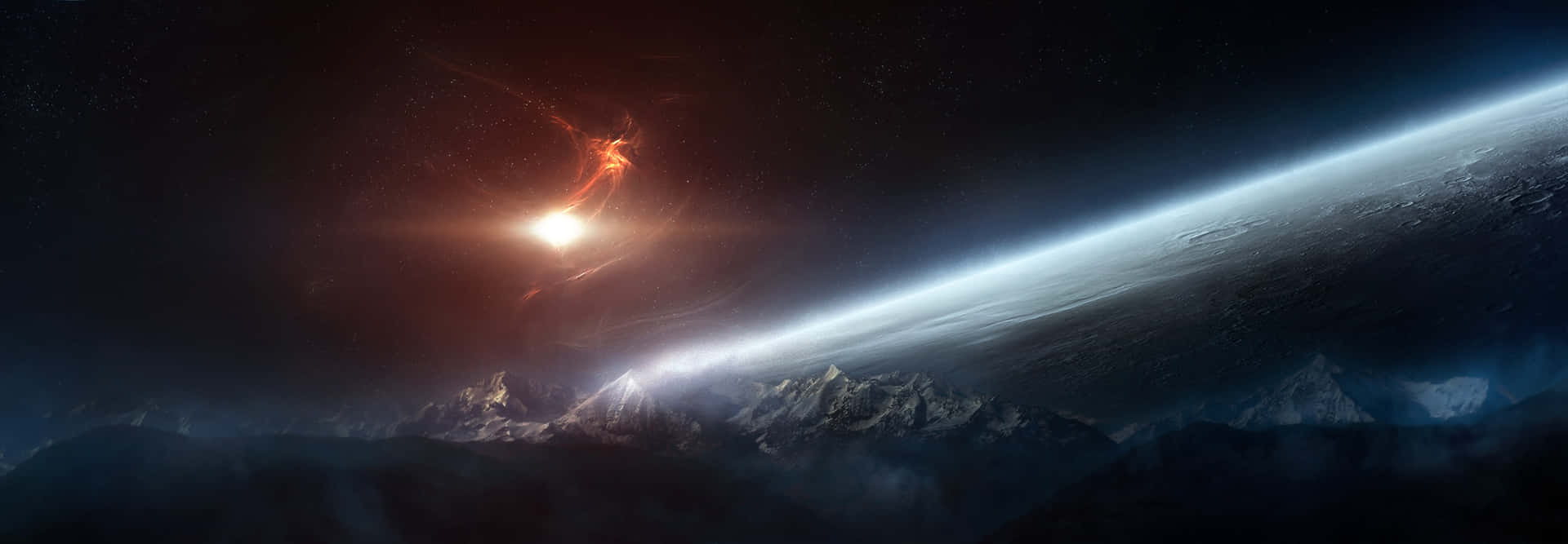 太空船飛越山脈超高清雙螢幕壁紙 壁紙 — 宇宙星雲在鋸齒狀山脈上方發光，地球彎曲的地平線沐浴在暮色中。