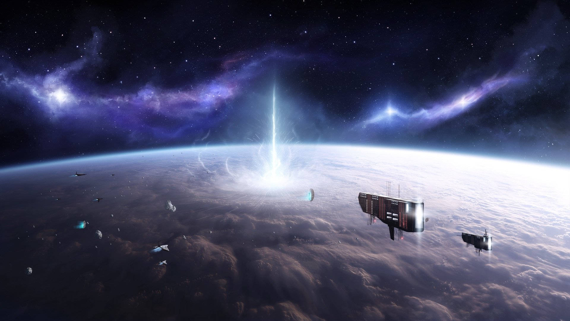 太空船飛越行星 壁紙 — 一艘未來風格的太空船懸浮在行星的雲層之上，一道明亮的光束從其表面噴射到佈滿星星的紫色星雲中。