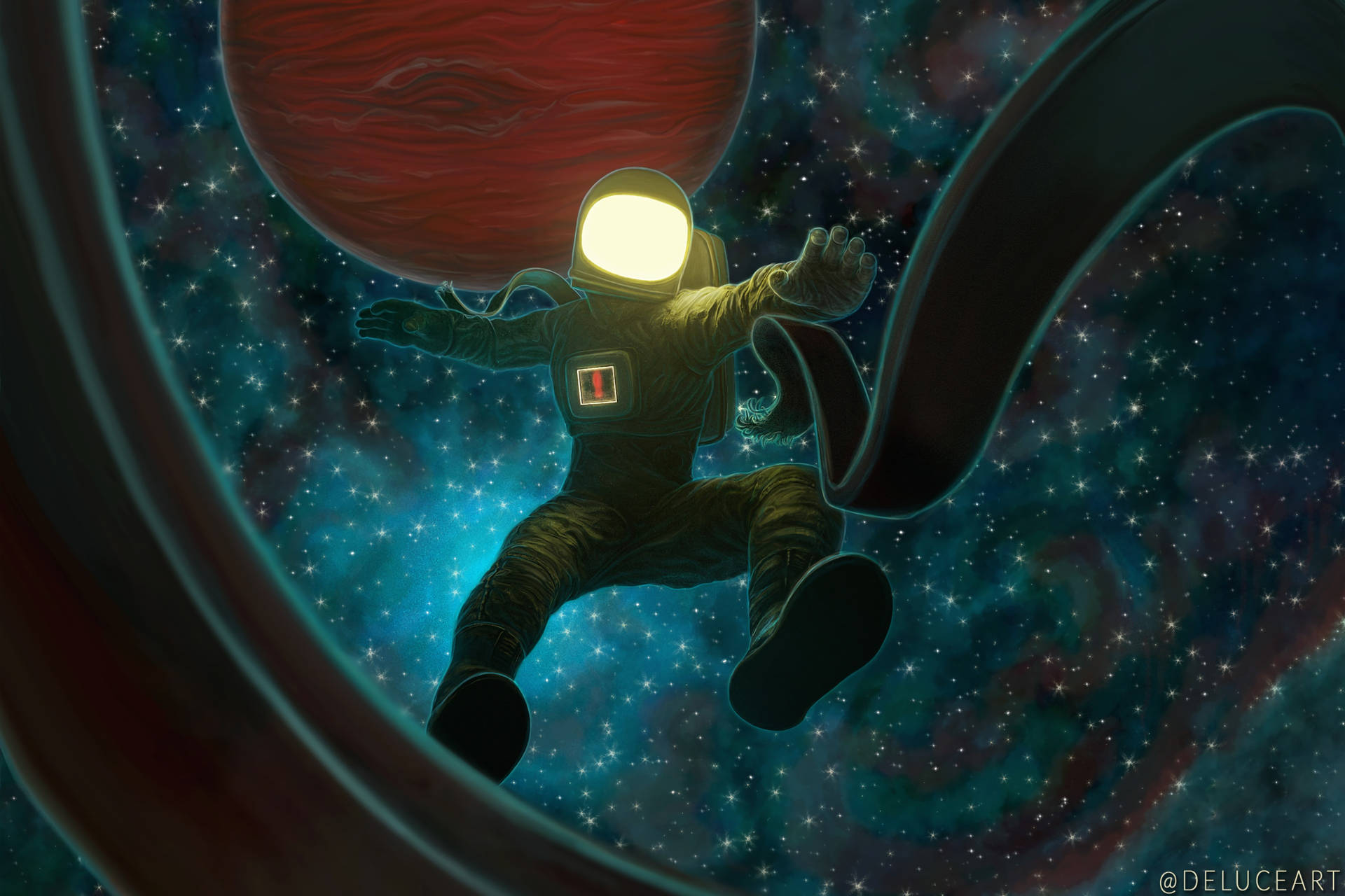 太空人在佈滿星星的宇宙隧道中漂浮，附近有一顆紅色星球。