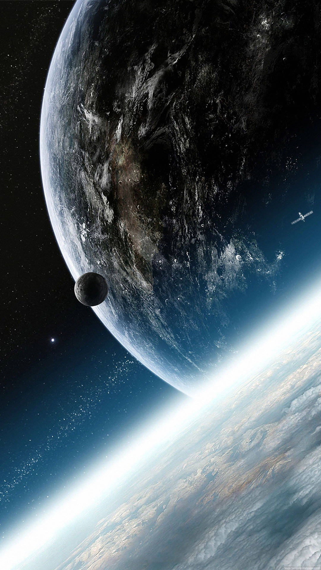 太空中的行星和衛星，背景是星空和發光的大氣層 — 太空 壁紙