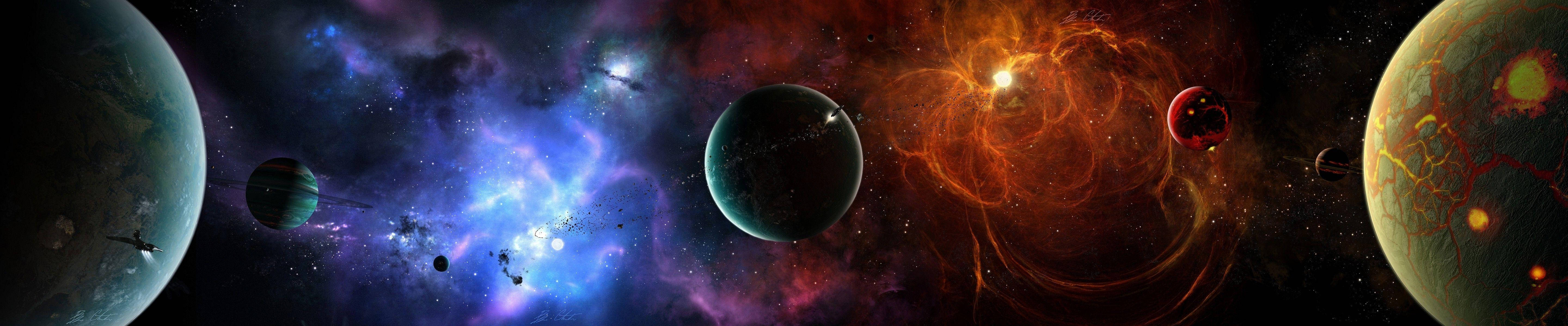 深空中色彩繽紛的星雲和行星組成的生動宇宙場景。