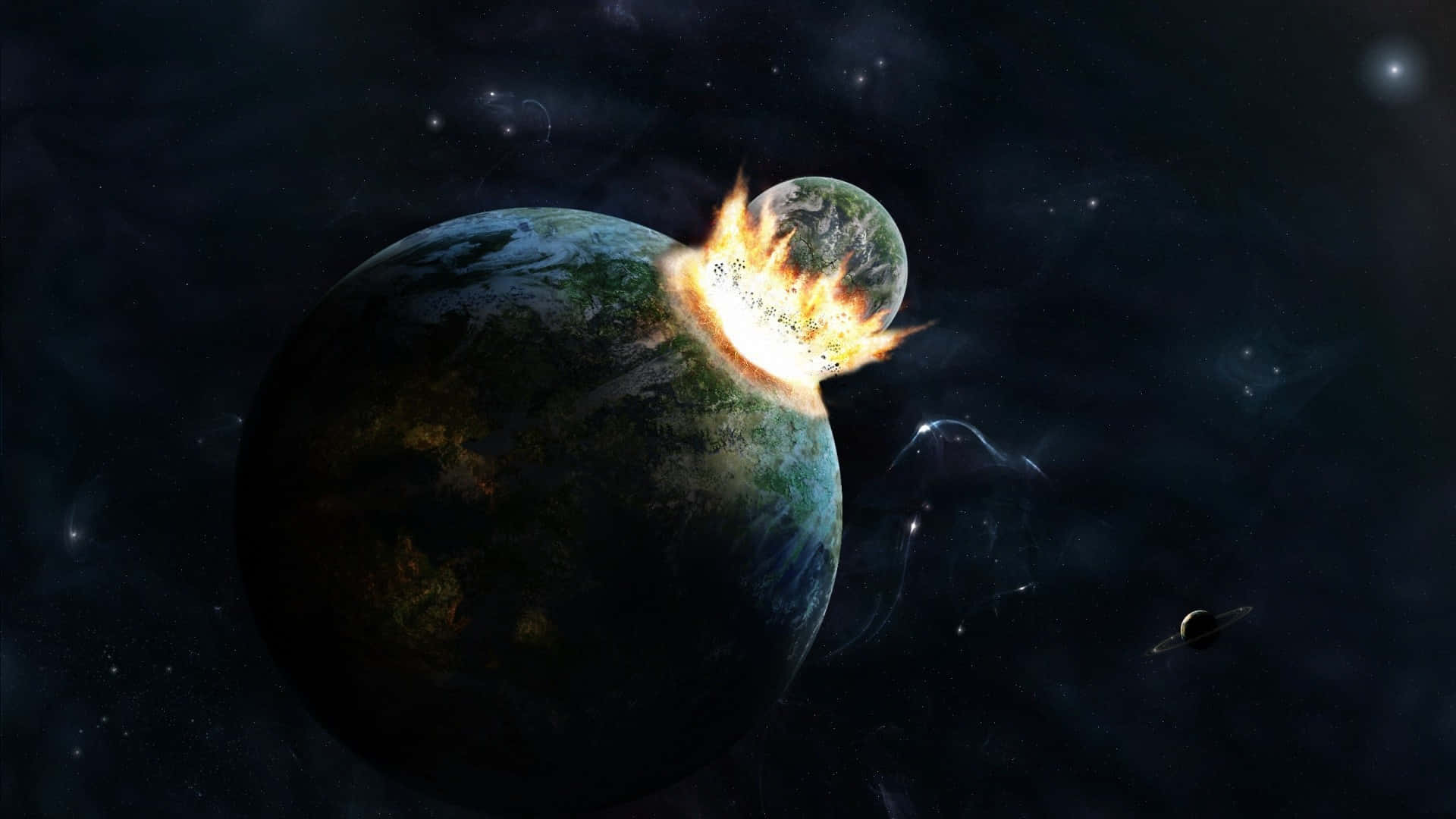 在黑暗的宇宙空間中，行星與熾熱天體相撞，伴有星雲和遙遠衛星。