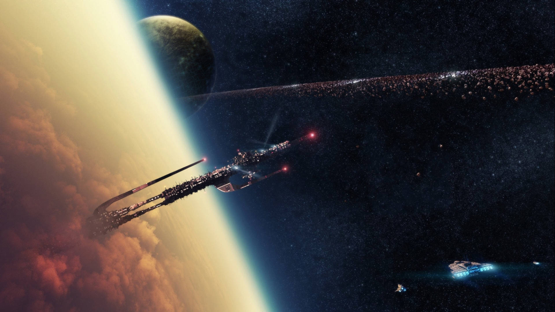未來太空站圍繞著一個擁有發光大氣層和星場的行星運行。