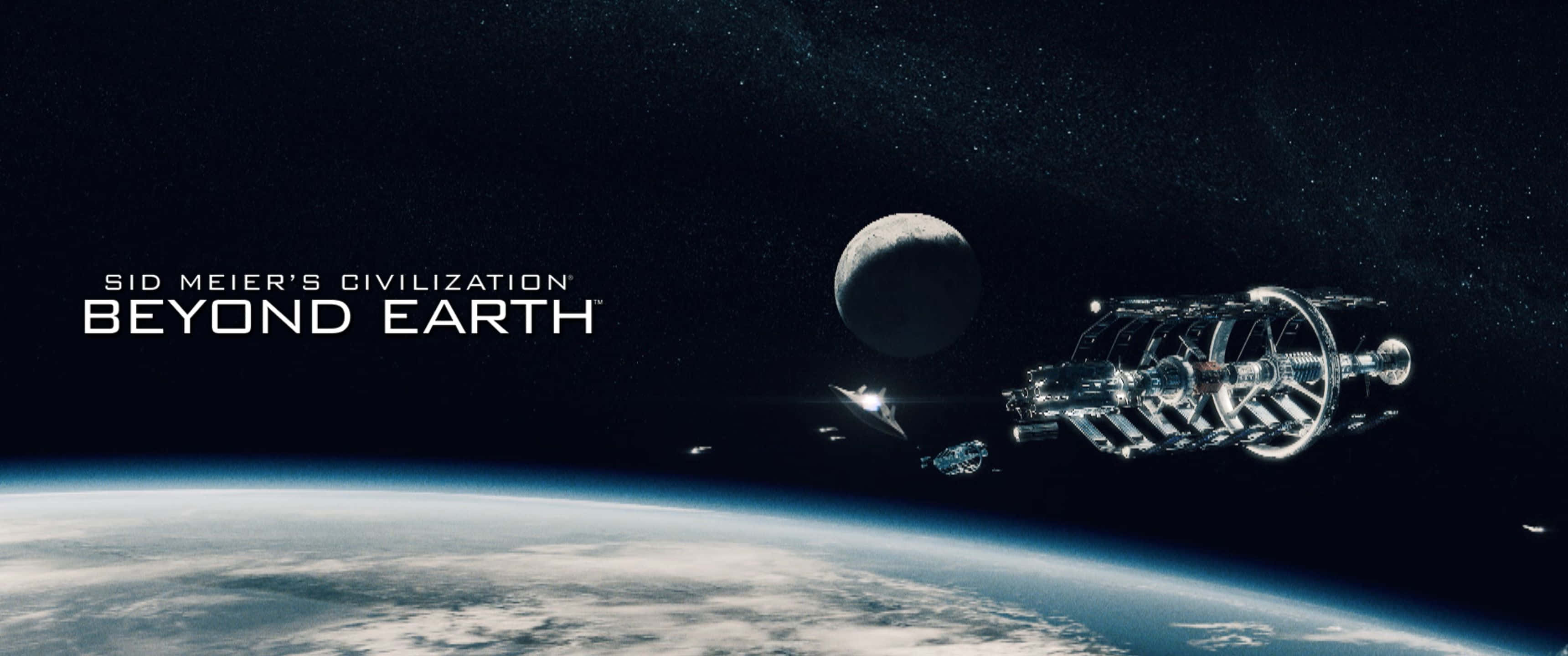 太空衛星 3440x1440p《文明：地球以外》背景 壁紙 — 一艘未來風格的太空船在星空下繞著一顆行星運行，背景中有一顆衛星。