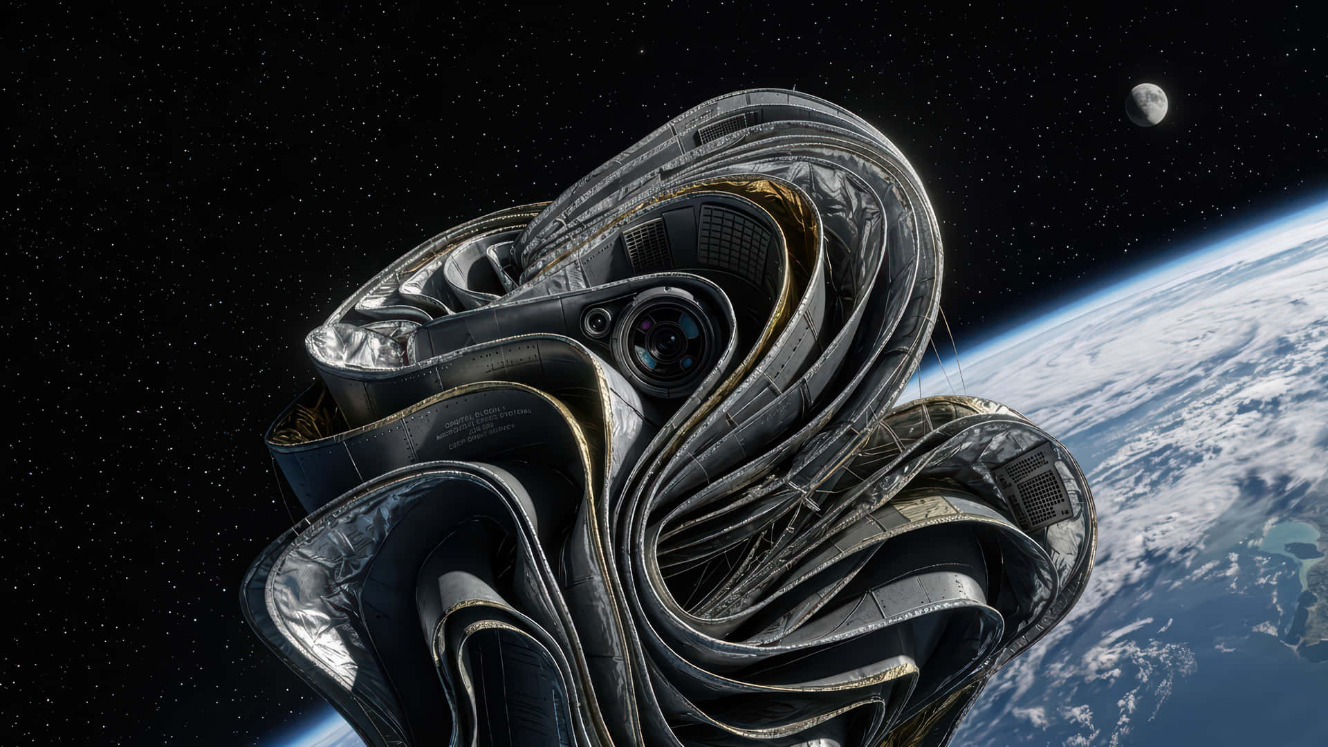 太空衛星光暈模組化桌面壁紙增強版 壁紙 — 一個巨大的金屬螺旋結構漂浮在地球上空的太空中，遠處可見月球。