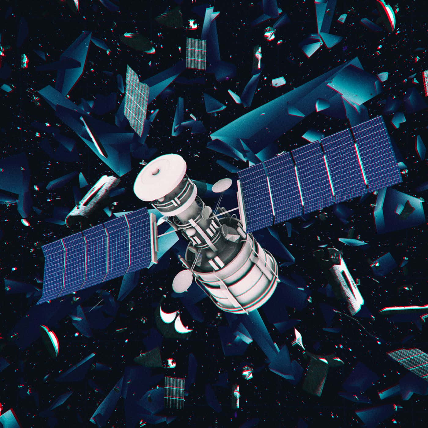 太空衛星的近距離視角 壁紙 — 一顆衛星在深藍色光芒下，被漂浮的碎片和星星包圍，在太空中漂流。