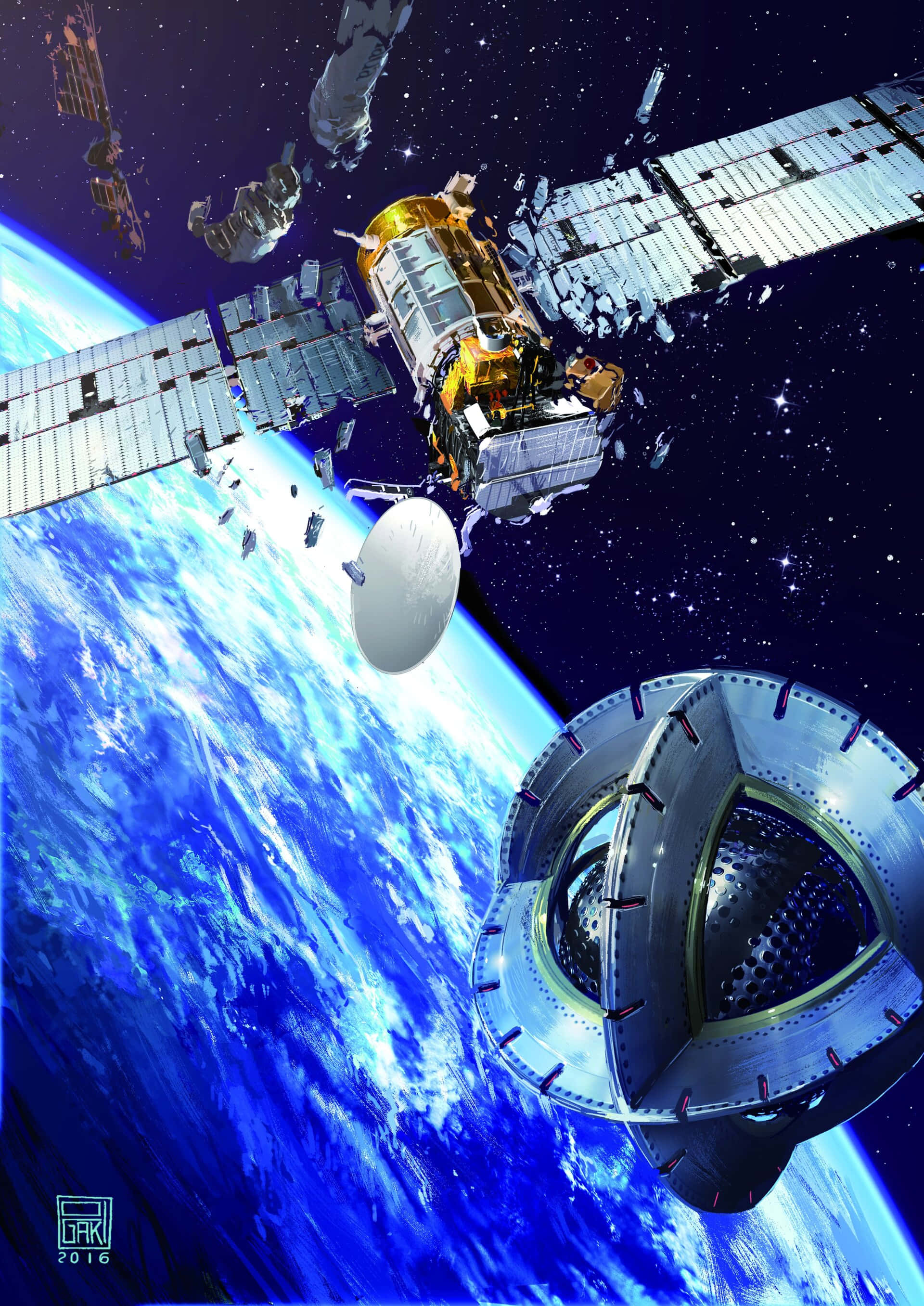 太空衛星的近距離視角 壁紙 — 詳細的衛星和太空站環繞地球運行，背景是繁星點點的黑色天空，襯托出充滿活力的藍色海洋和白色雲層。