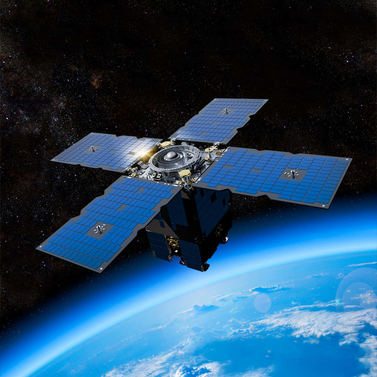 太空衛星軌道上的壯觀視角 壁紙 — 一個詳細的衛星帶有藍色太陽能板，在繁星點點的黑色天空中繞地球運行。