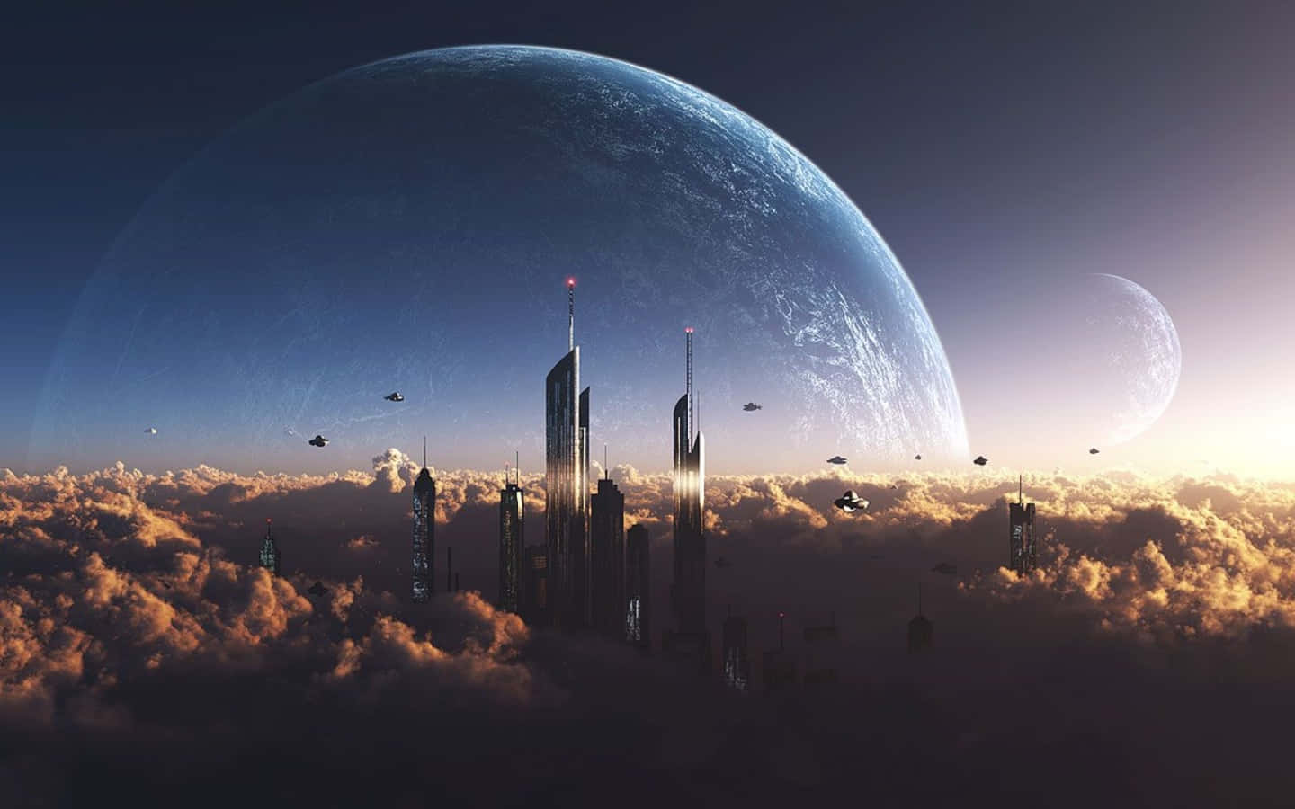 太空視角未來城市圖 壁紙 — 一座未來城市漂浮在金色雲層之上，暮色天空中有一個巨大的藍色行星和一個較小的月亮。