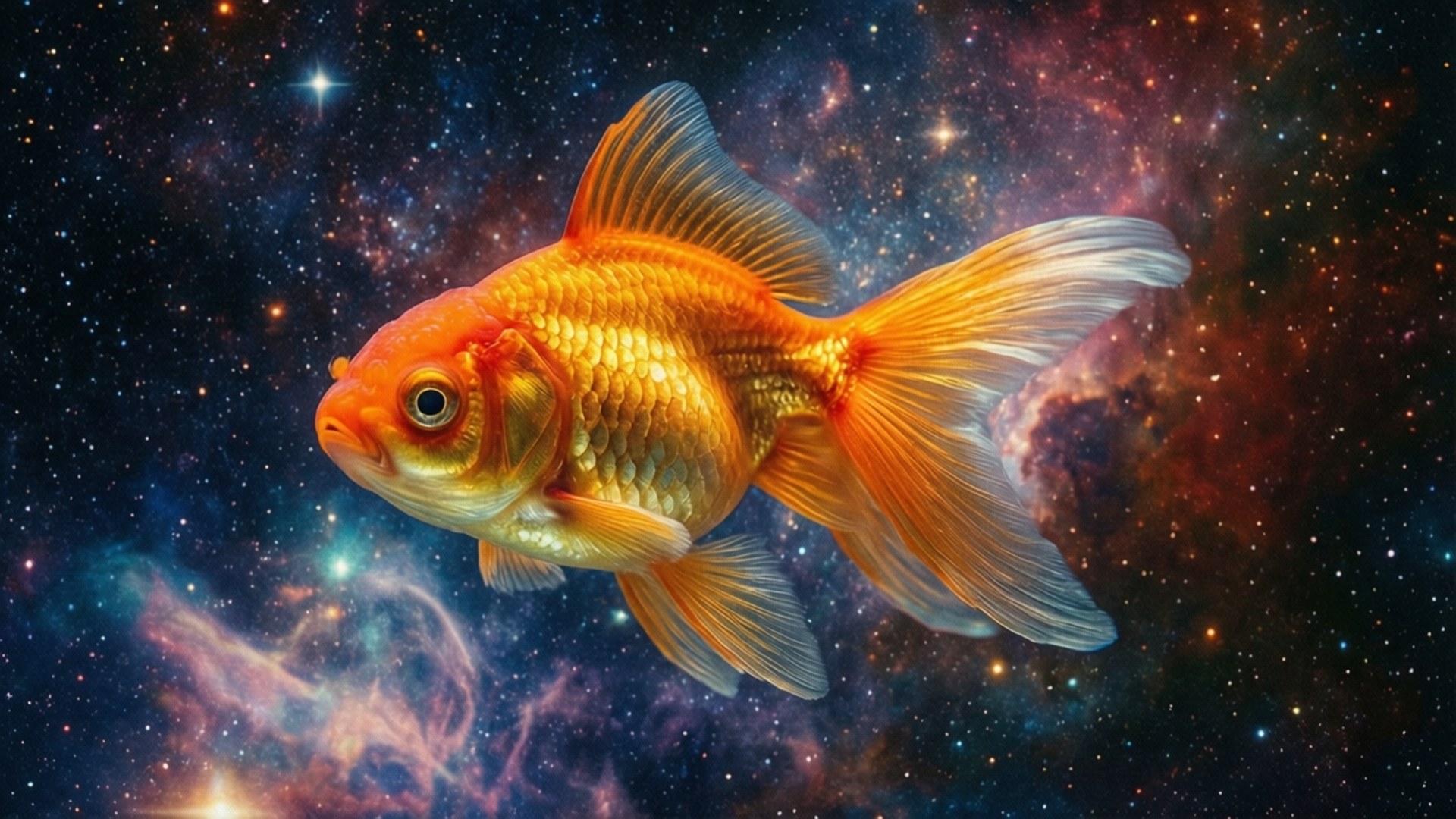 一條金魚漂浮在佈滿星星的宇宙星雲中，周圍有彩色雲朵和發光的星星。