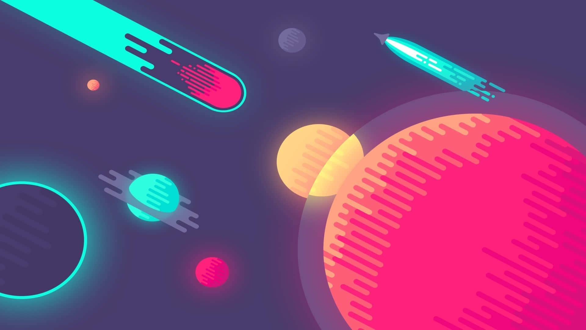 霓虹火箭在未來主義的太空場景中飛過發光的行星。