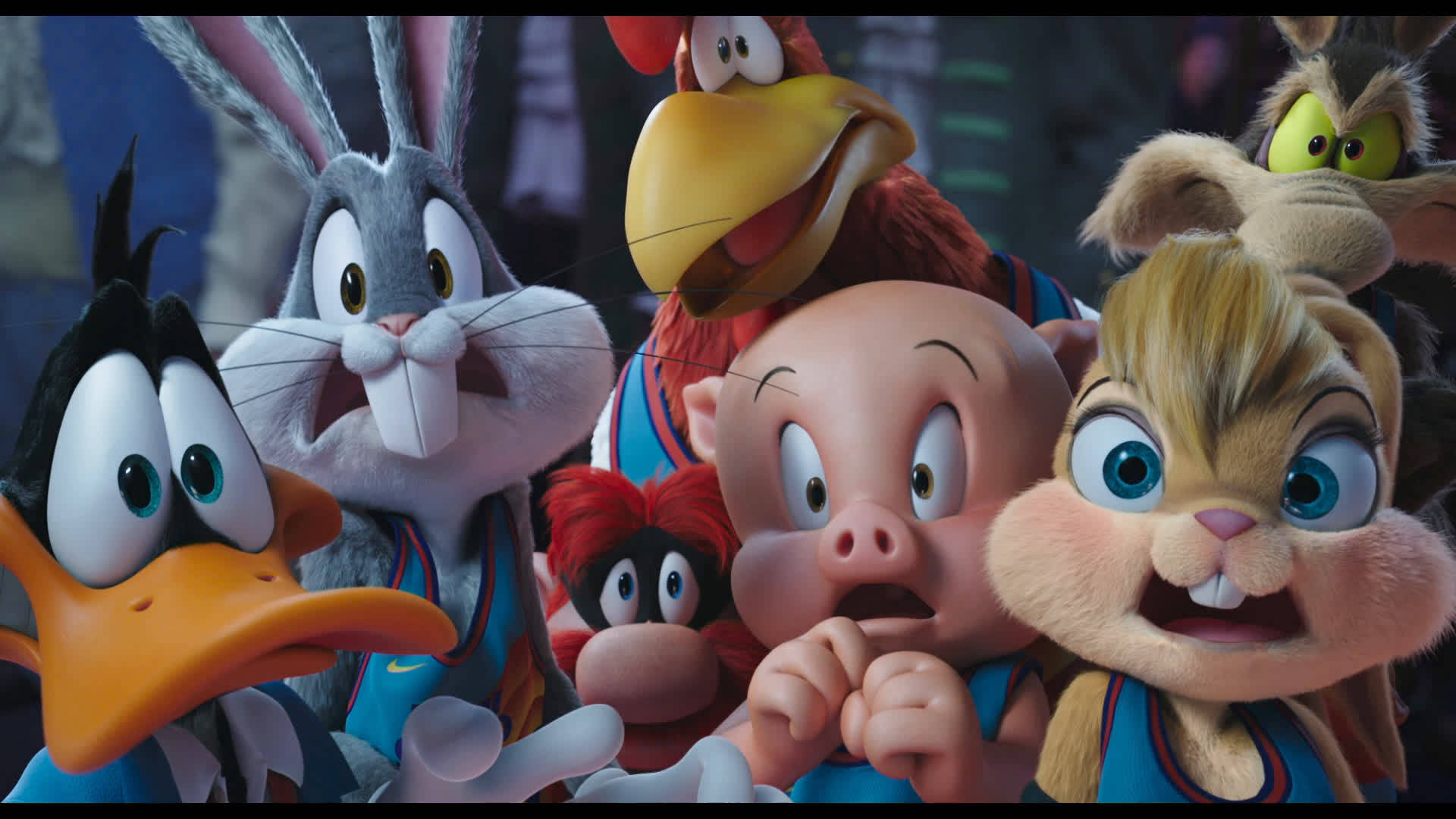 Looney Tunes 角色穿著籃球裝備，顯得震驚和興奮。