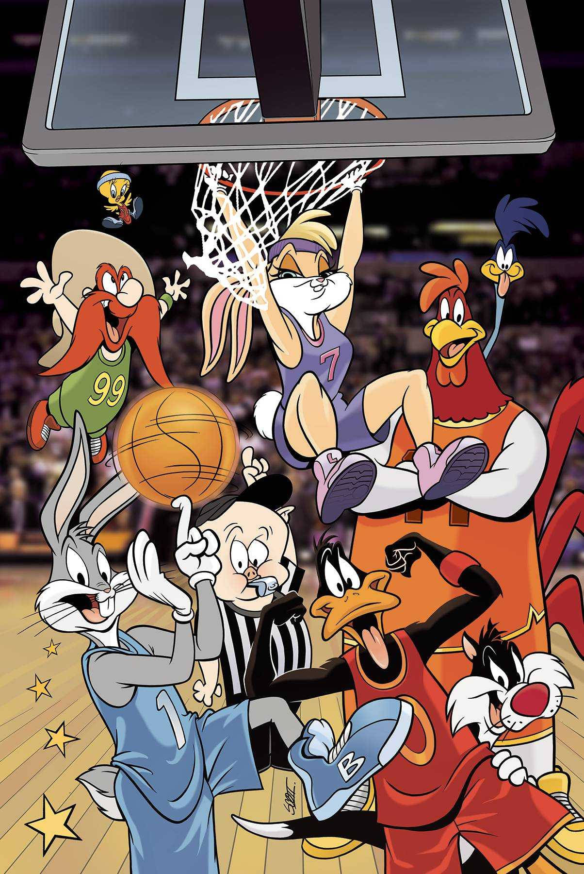Looney Tunes 角色在熱鬧的競技場上打籃球，地板上有星星。
