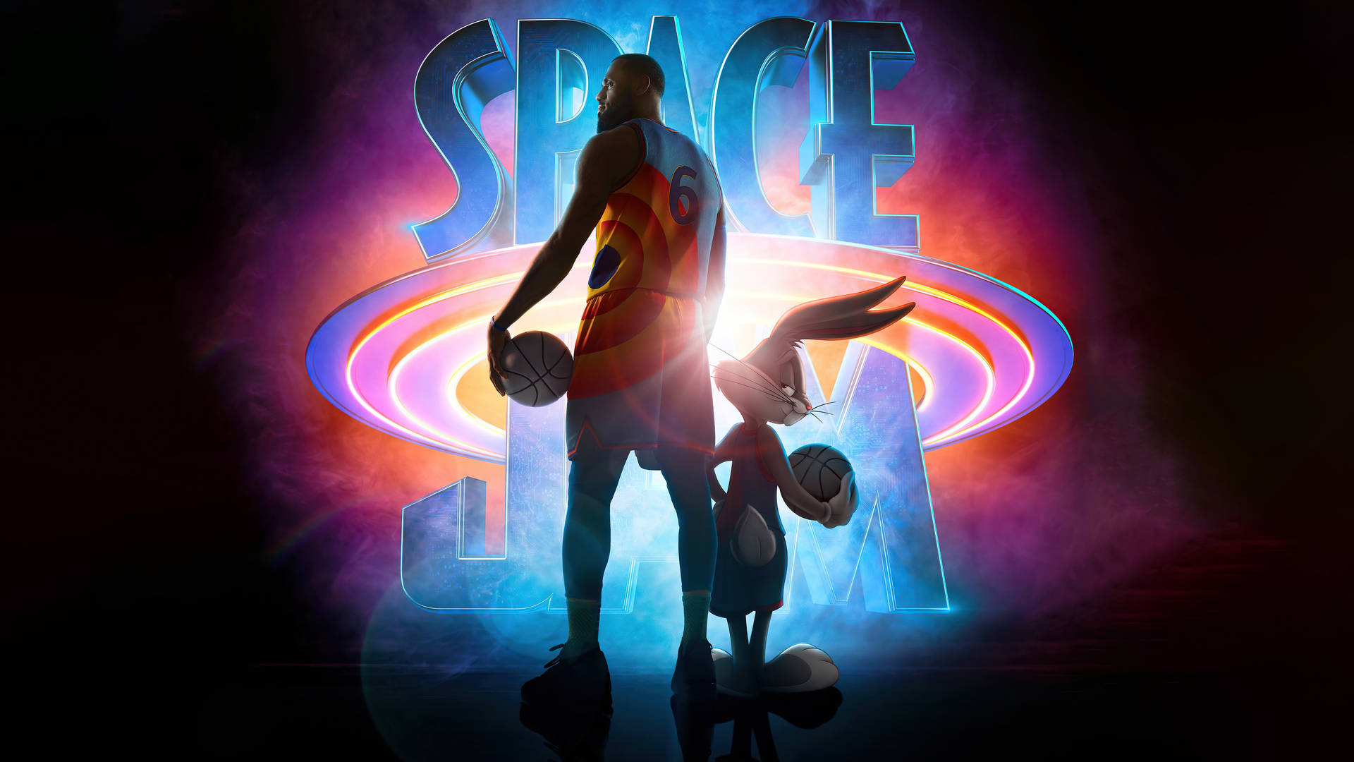 籃球運動員和兔子在發光的Space Jam標誌下拿著球。